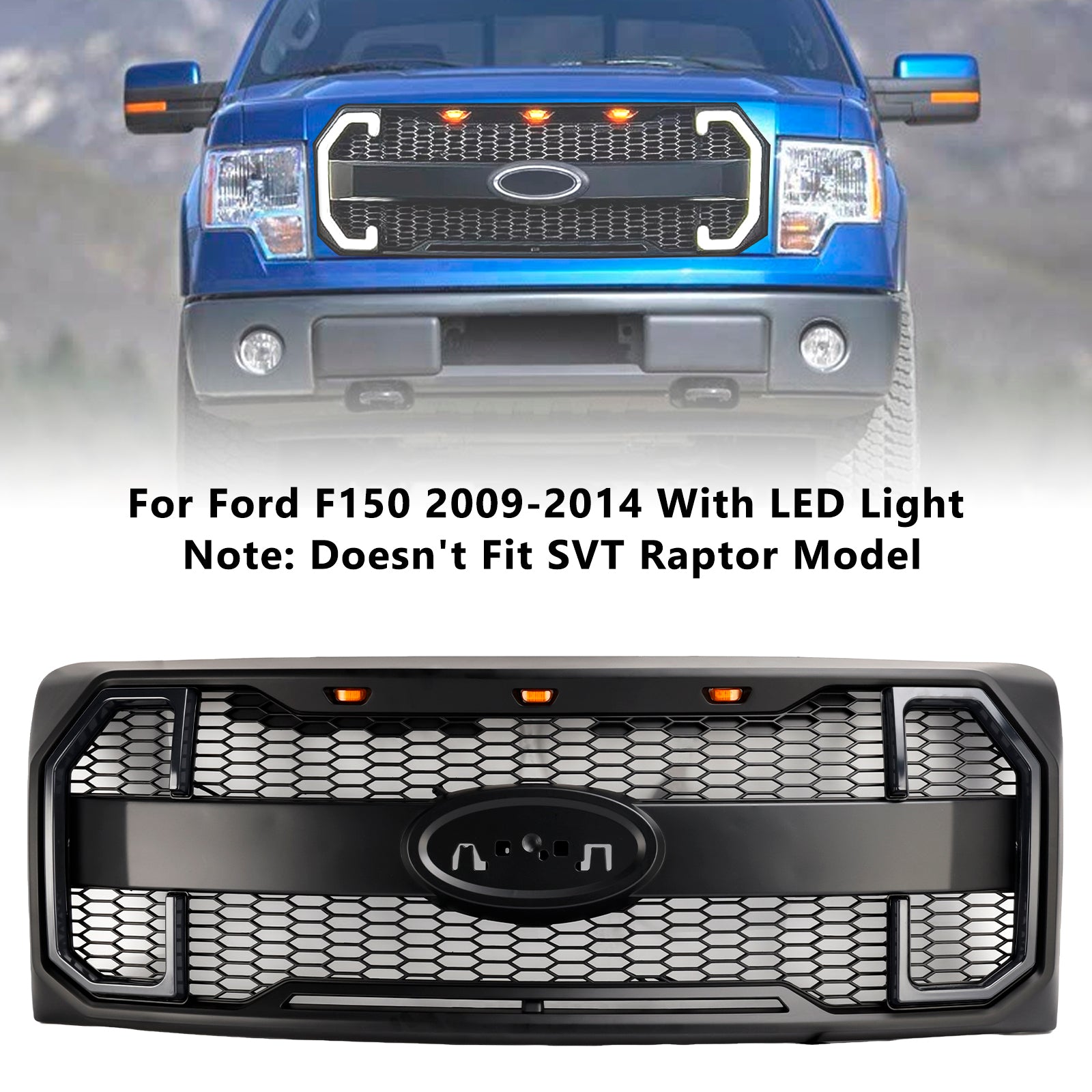 2009-2014 Ford F150 Matte Black Raptor Style Front Bumper Grille Grill W/LED