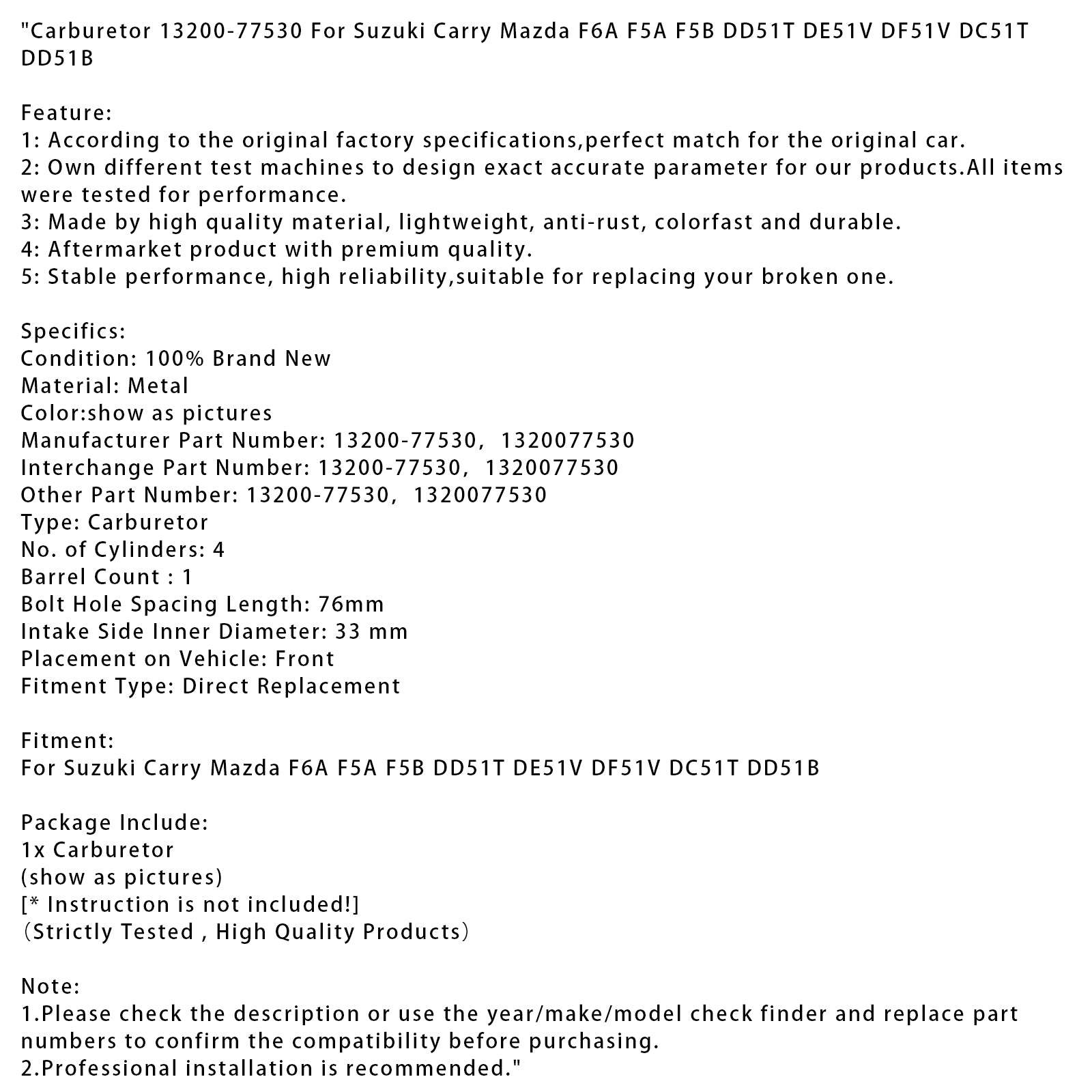 Suzuki Carry Mazda F6A F5A F5B DD51T DE51V DF51V Carburetor 13200-77530