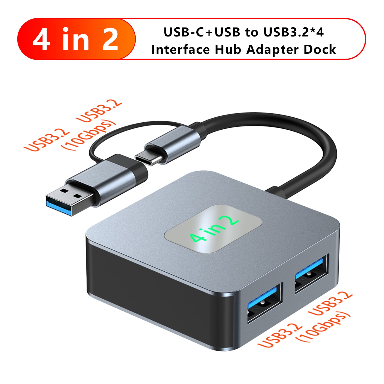 4 in 2 Type-C + USB to USB3.2*4 Interface Hub Adapter Dock for MacBook iPad 15