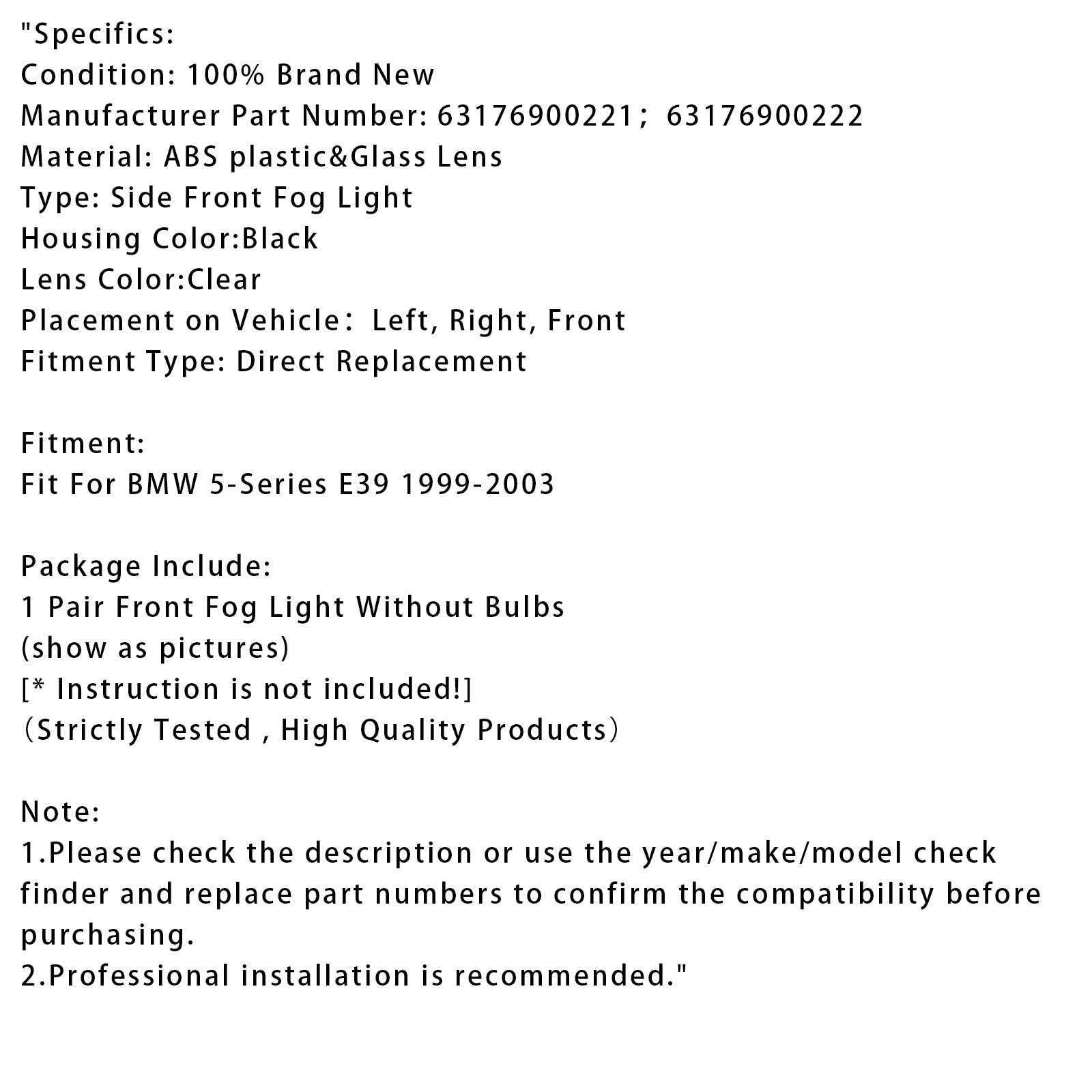 1999-2003 BMW E39 5-Série Paire Paire de voyages de pare-chocs avant sans ampoules