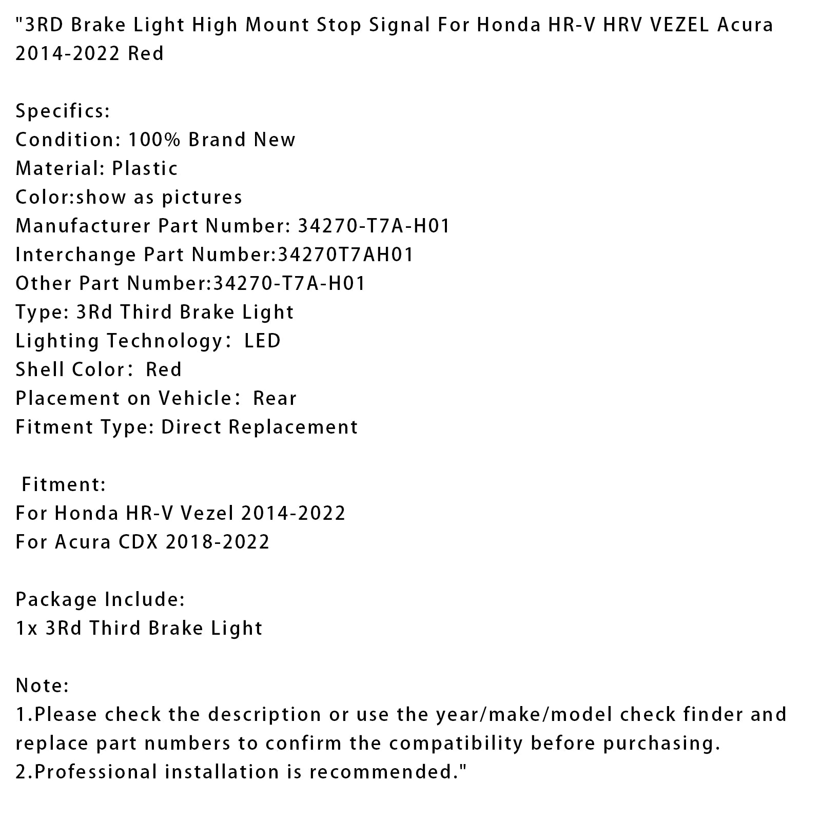3ª luz do freio Sinal de parada de montagem alta para Honda HR-V VEZEL ACURA 14-22 RED