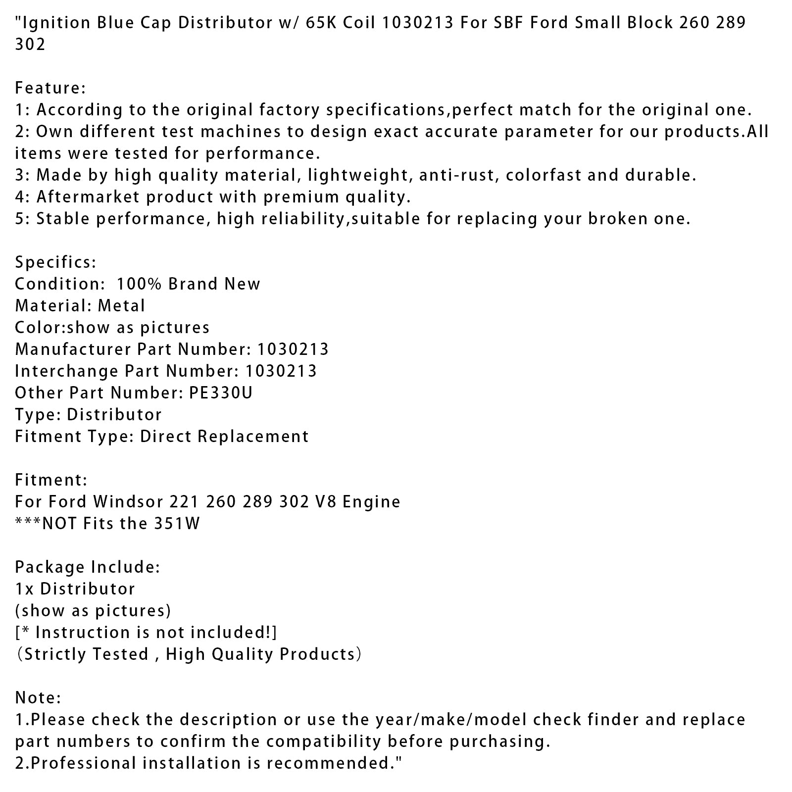 Ford Windsor 221 260 289 302 V8 Ignition Distribútor modrej čiapky s Cievkou 65K 1030213