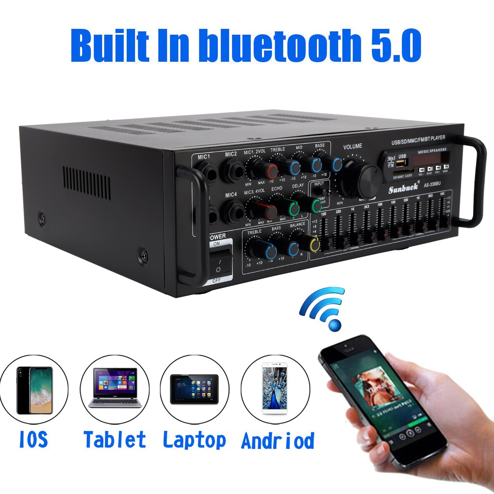 Bluetooth 5.0 HiFi Sunbuck 2000W Stereo Power Amplifier Karaoke FM USB SD AUX