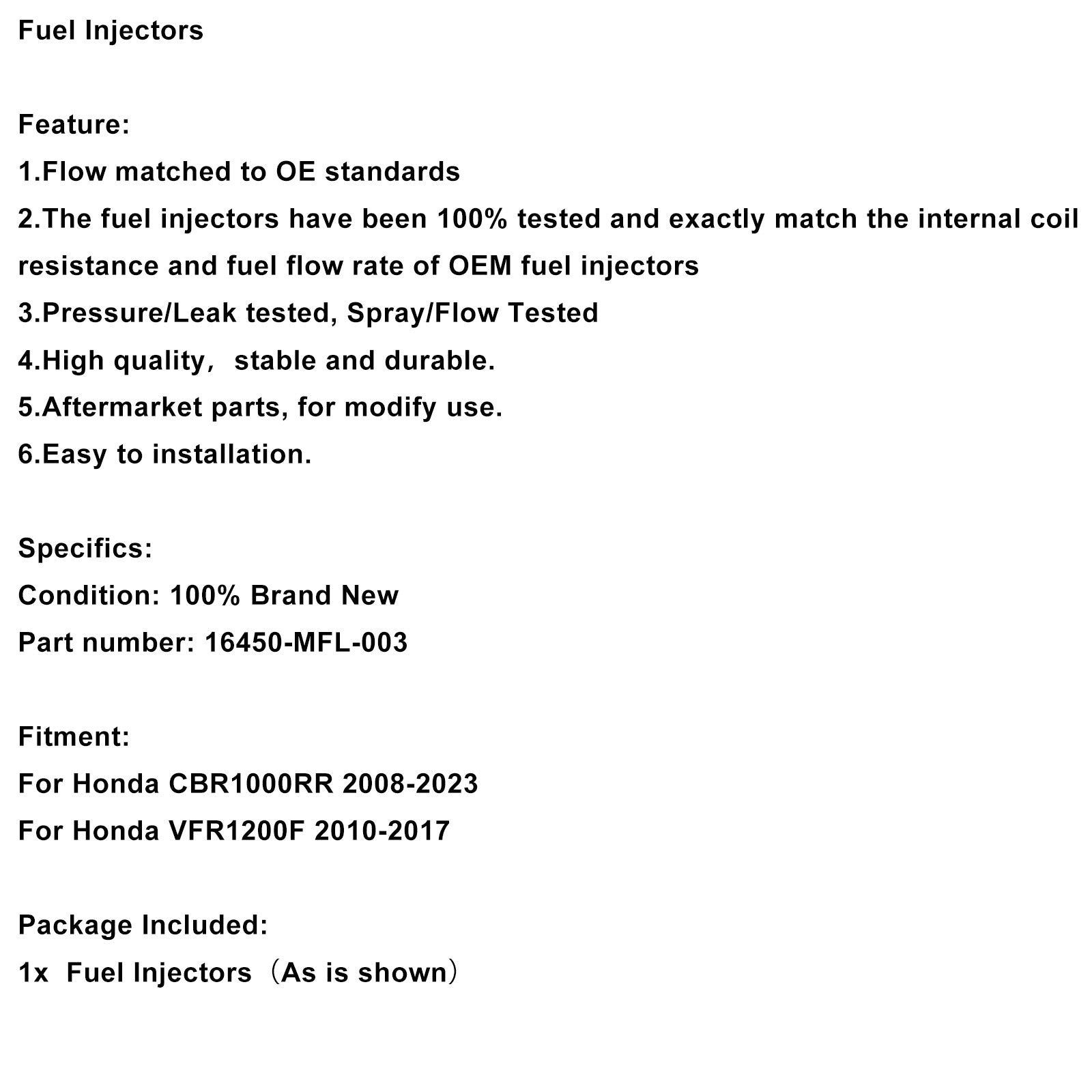 Fuel Injectors Fit for Honda CBR1000RR 08-23 VFR1200F 2010-2017 16450-MFL-003