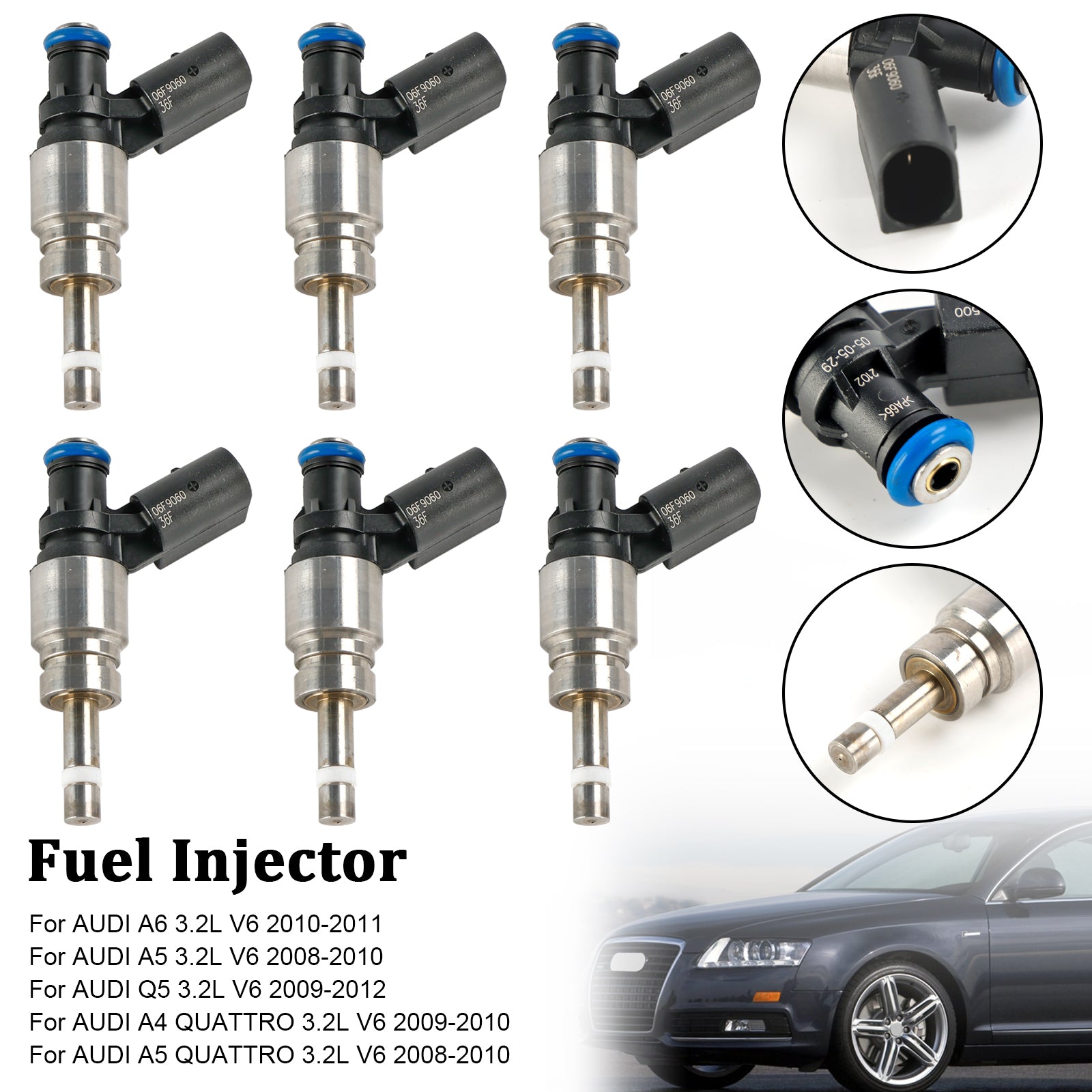 6PCS Fuel Injector 06E906036F Fit Fir Audi Q5 A4 A5 A6 3.2L V6 2008-2011 0261500037