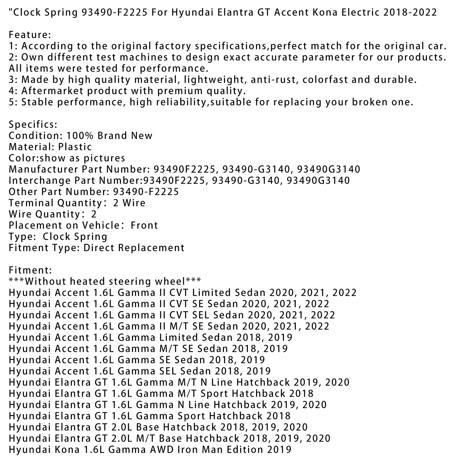 Clock Spring 93490-F2225 For Hyundai Elantra GT Accent Kona Electric 2018-2022