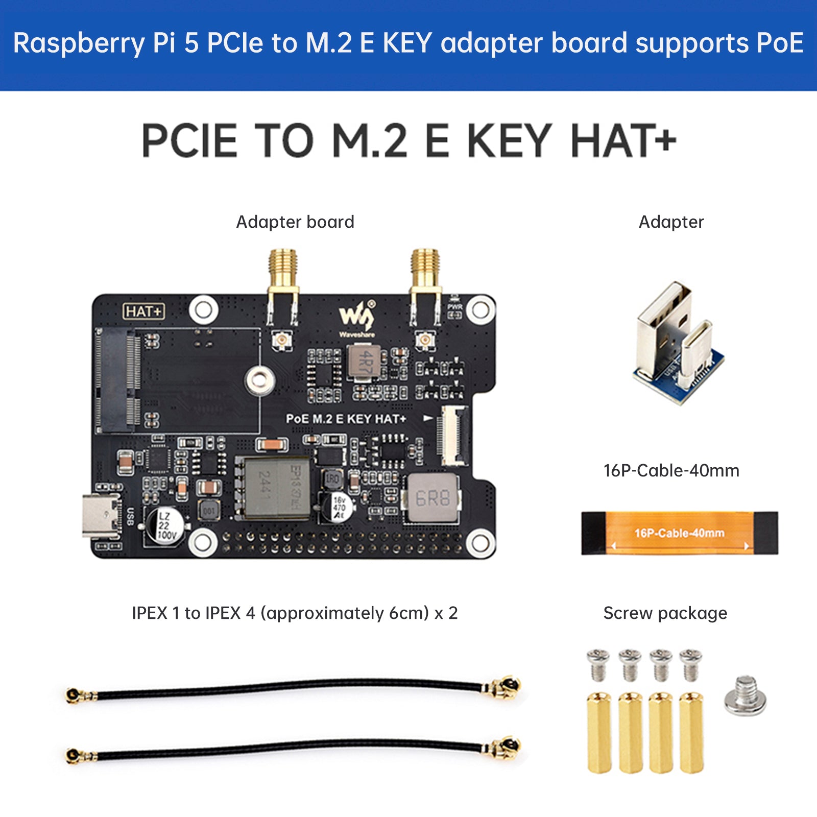 Raspberry Pi 5 PCIe naar M.2 E-sleutel met PoE Ethernet-voedingsadapterkaart
