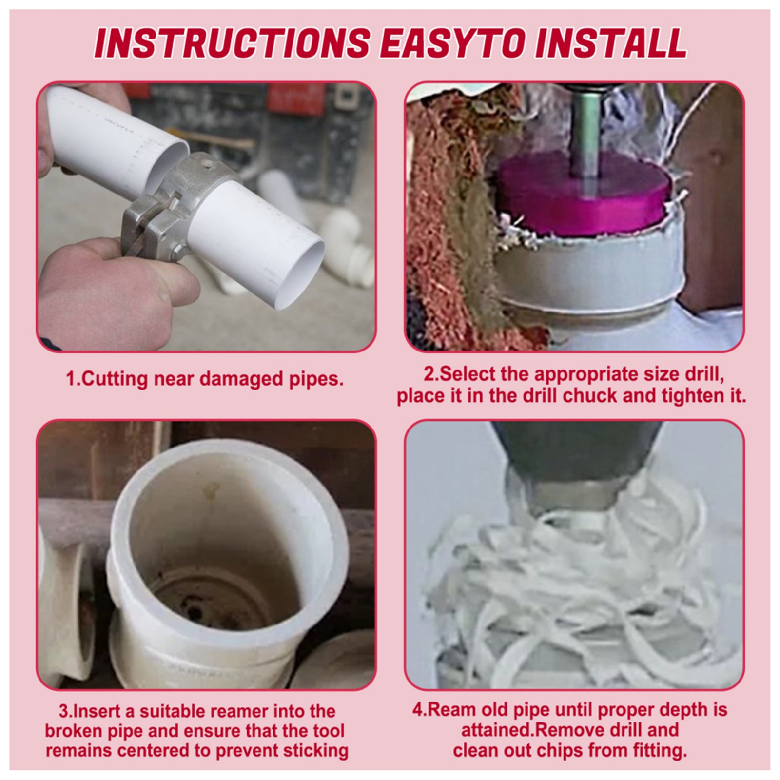 Alésoir de tuyau en PVC, alésoir de raccord de tuyau en plastique PVC, Kit d'outils de plomberie adapté 4 pièces