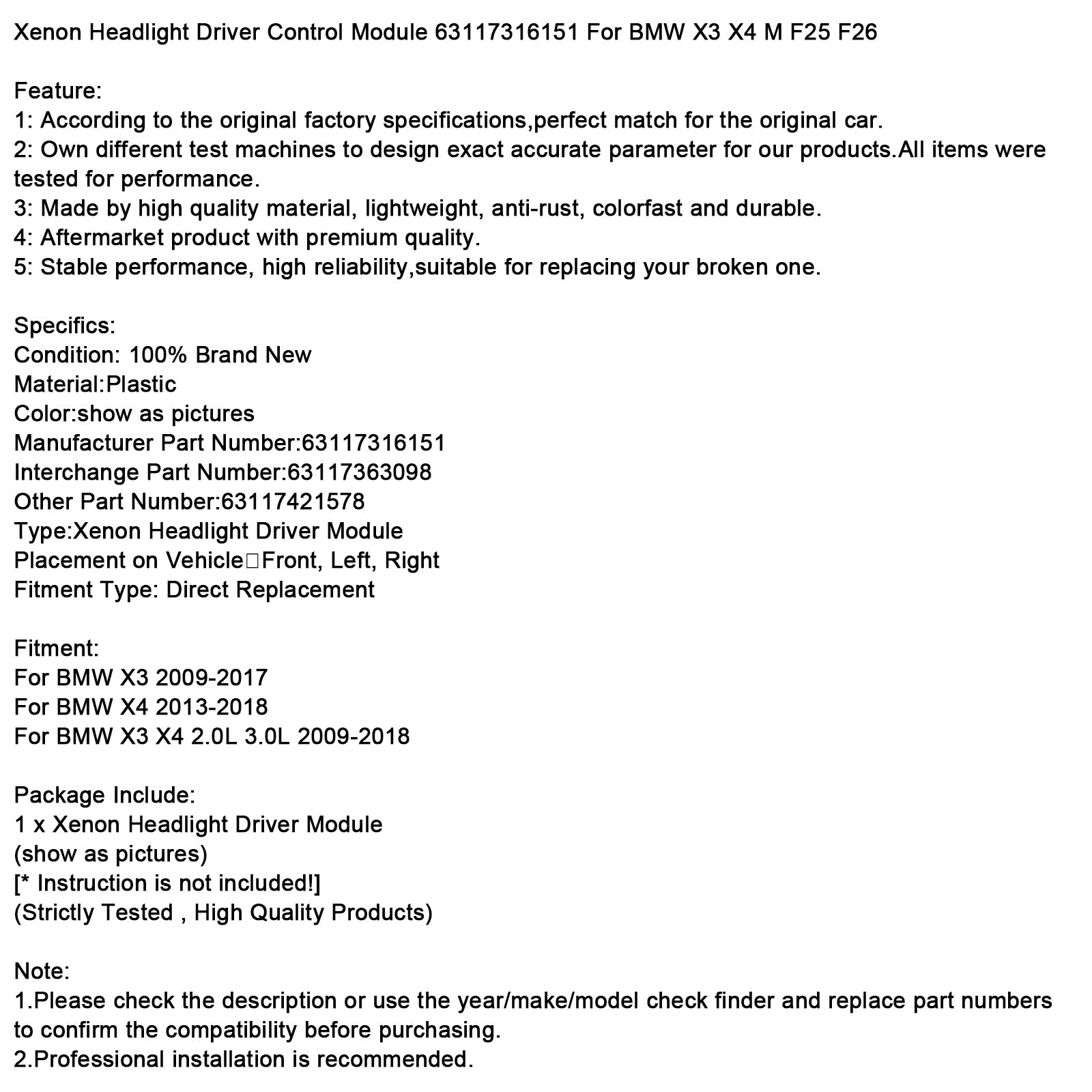 Xenon Headlight Driver Control Module 63117316151 For BMW X3 X4 M F25 F26