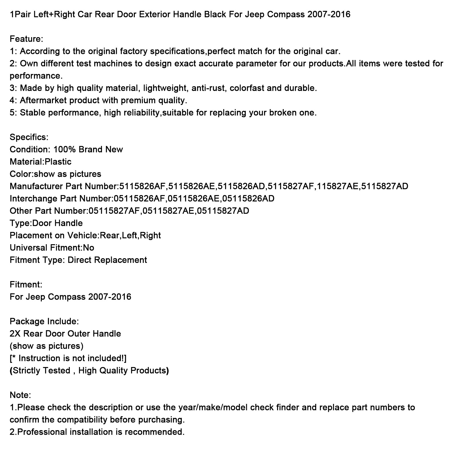 1Pair Car Rear Door Exterior Handle Black For Jeep Compass 2007-2016