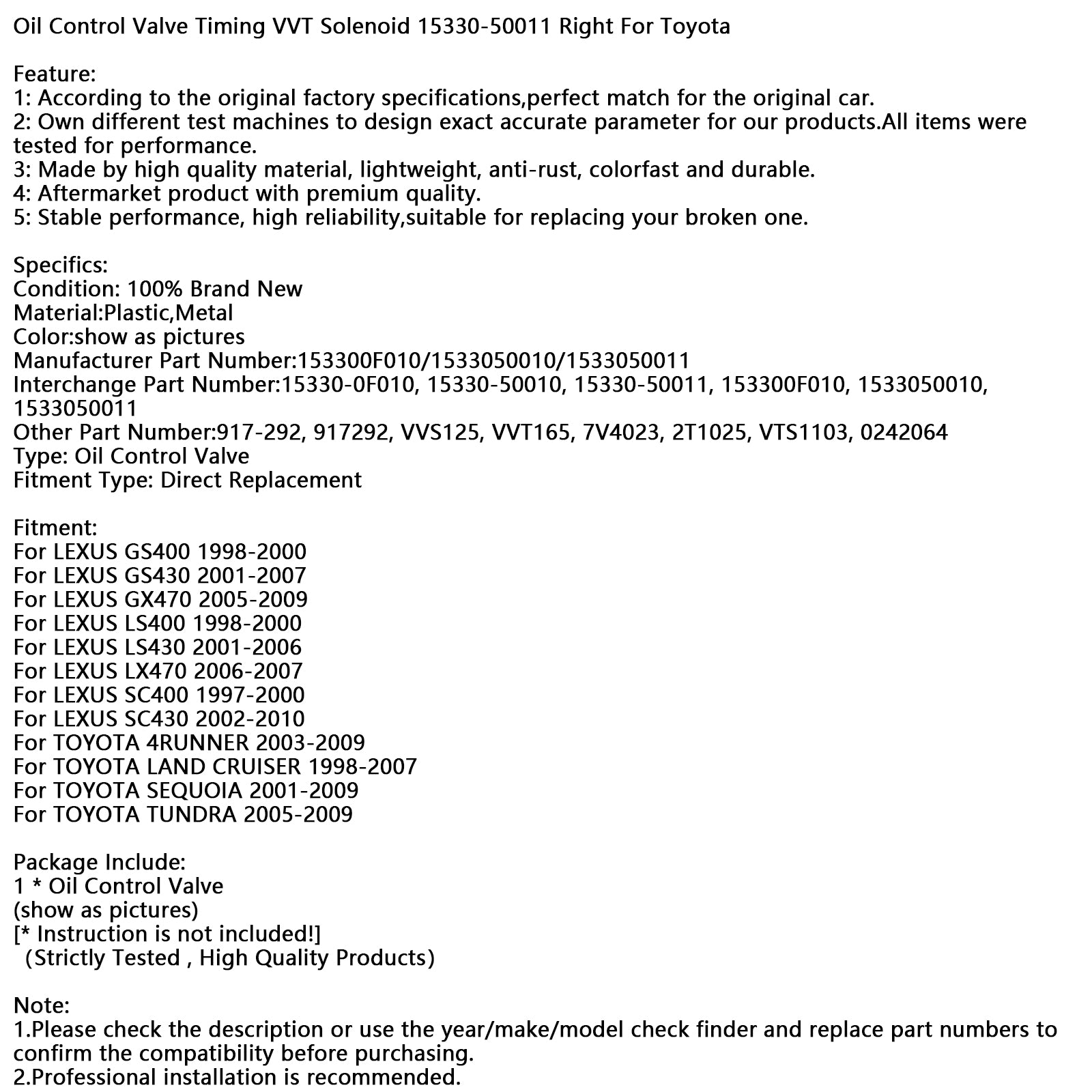 Solenoide 15330-50011 de sincronización de válvula de control de aceite VVT ​​derecho para Toyota