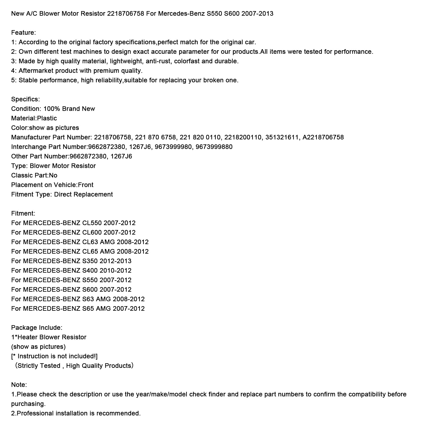 Nieuwe A/C Blower Motor Weerstand 2218706758 Voor Mercedes-Benz S550 S600 2007-2013