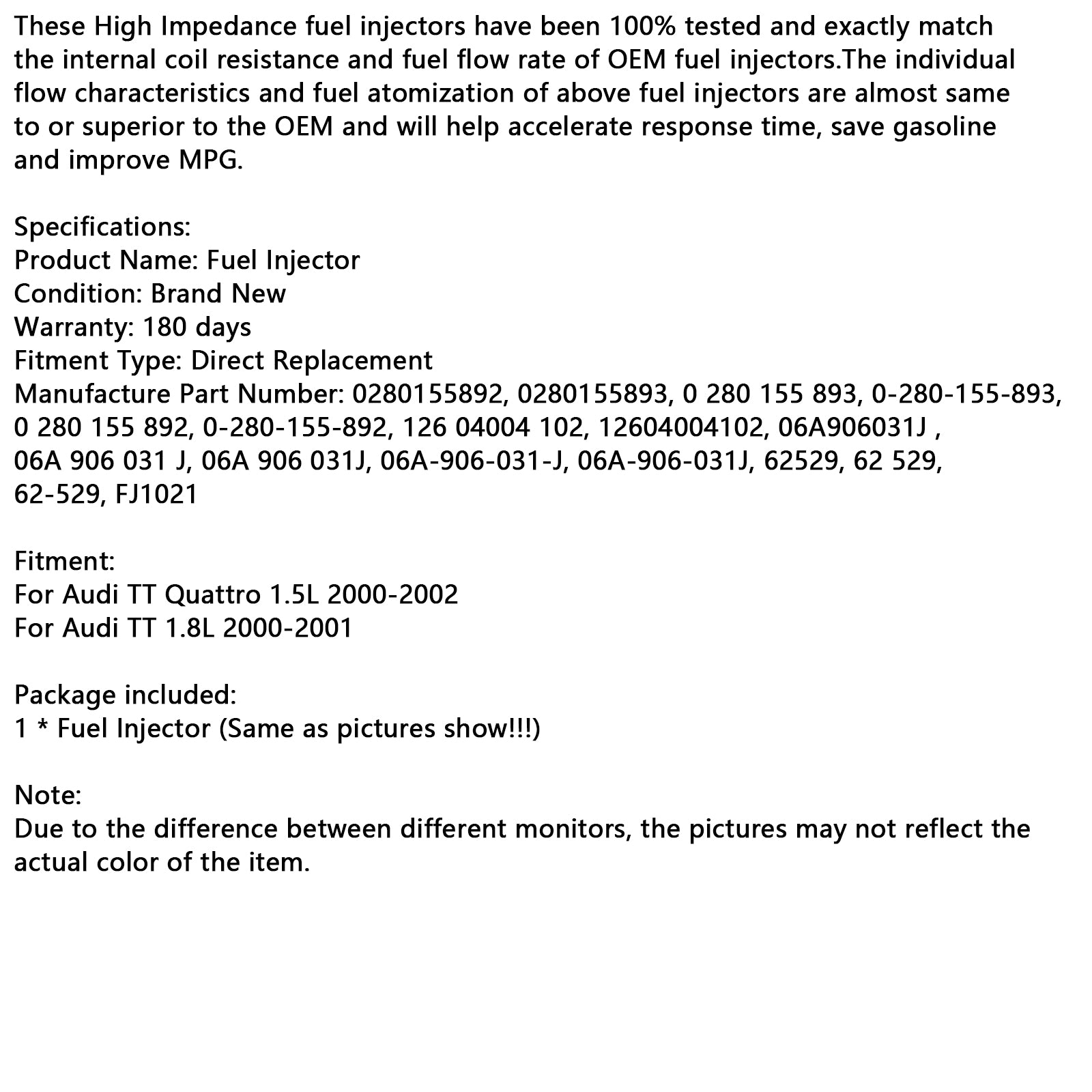 1pcs injecteur de carburant 0280155892 Fit Audi TT Quattro 1.5L 2000-2002 0280155893