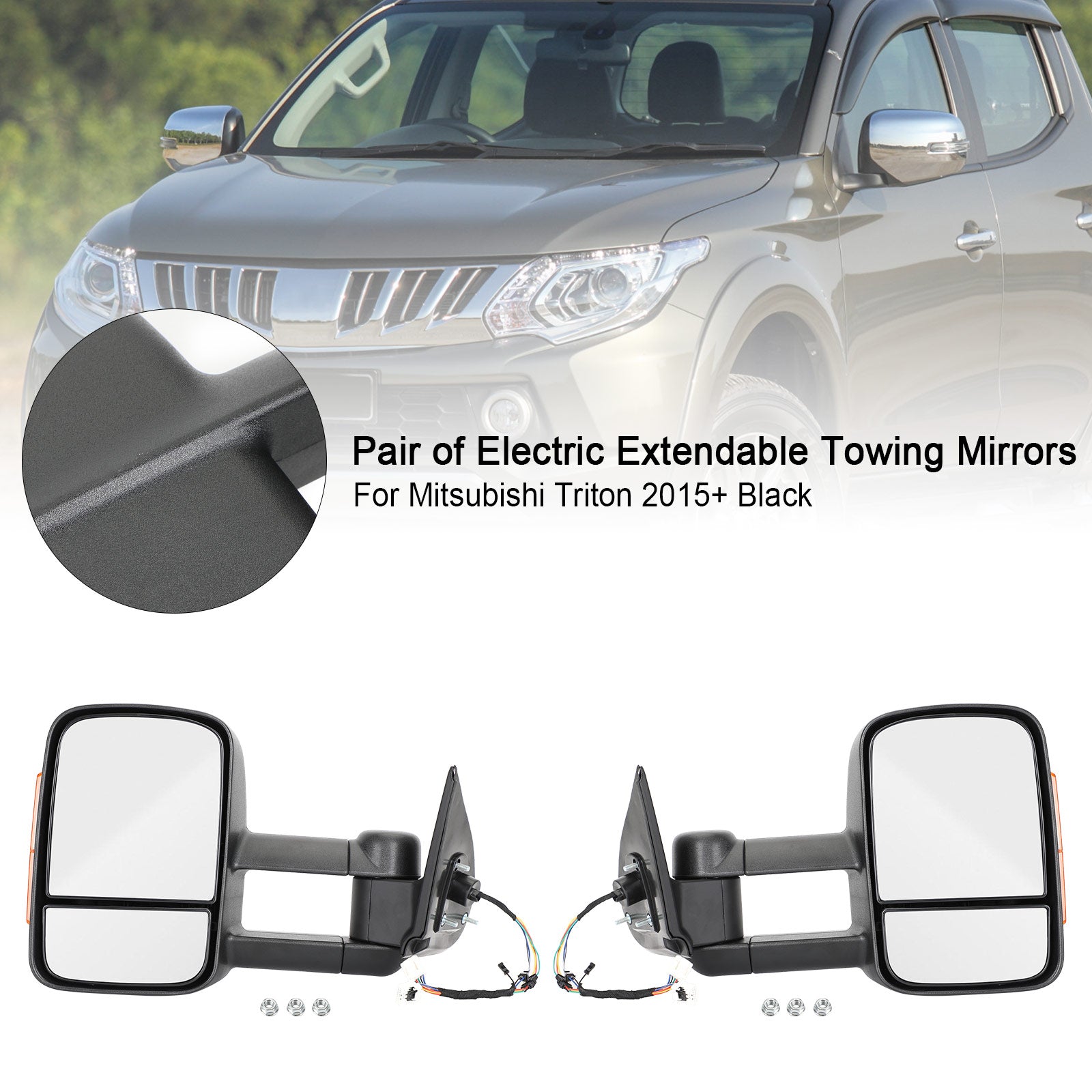2015+ Pair Mitsubishi Triton Electric Extendable Towing Mirrors for Black