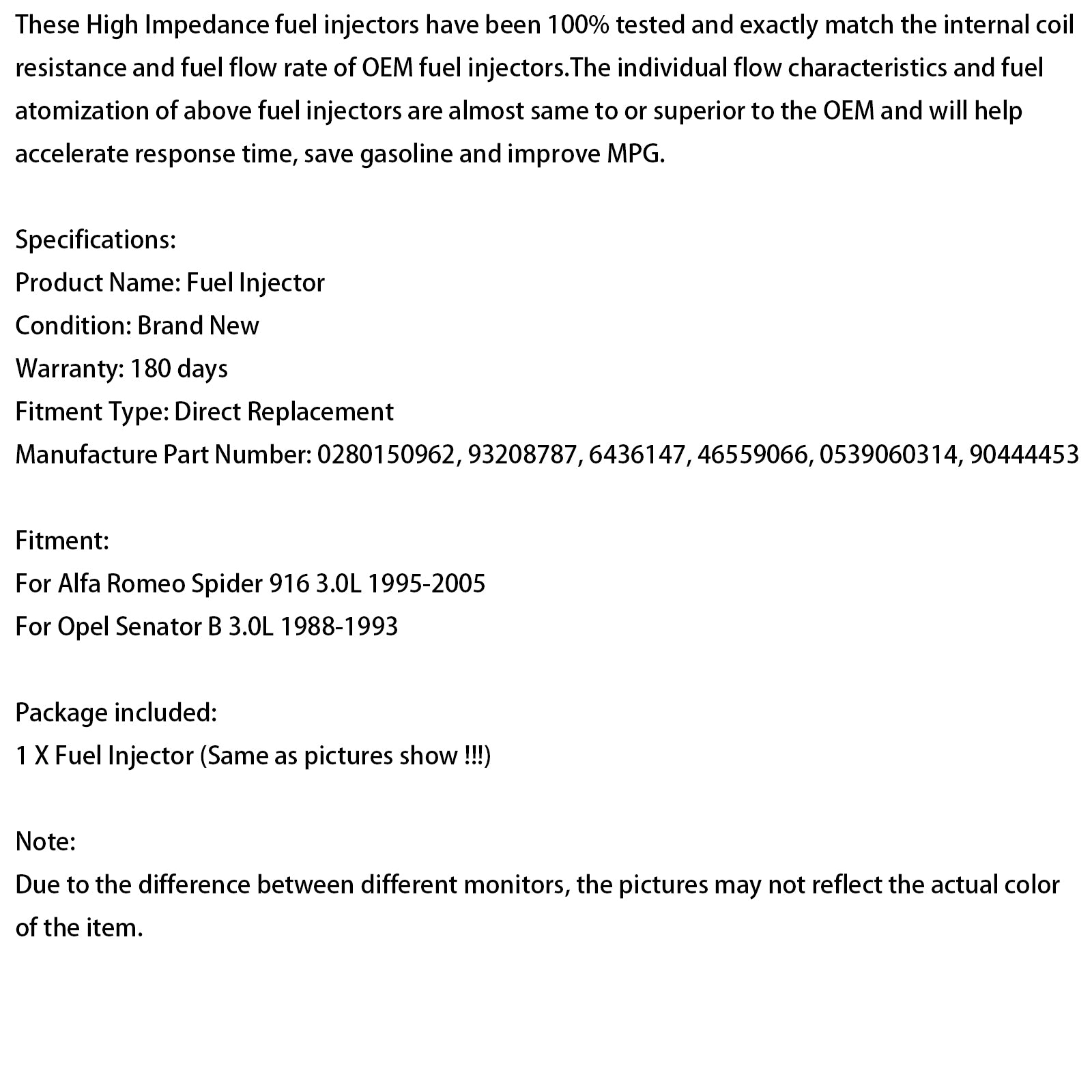 1PCS Fuel Injector 0280150962 Fit Opel Senator B 3.0L 1988-1993 93208787