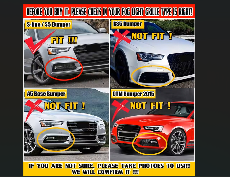 2013-2016 AUDI A5 S-Line S5 2PCS Front Fog Lamp Black Grille Grill
