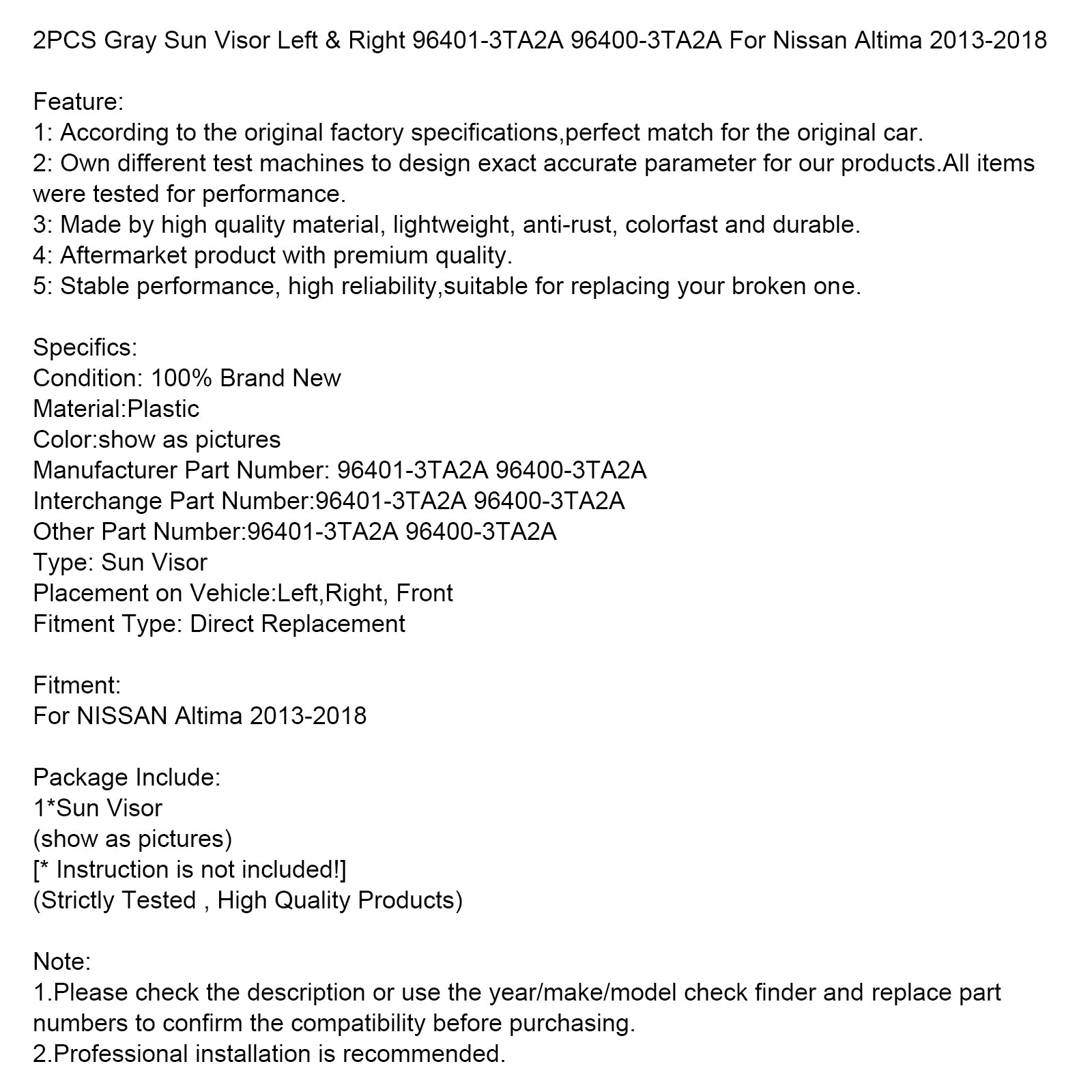 2 piezas de parasol gris izquierdo para Nissan Altima 2013-2018 & Derecha 96401-3TA2A 96400-3TA2A