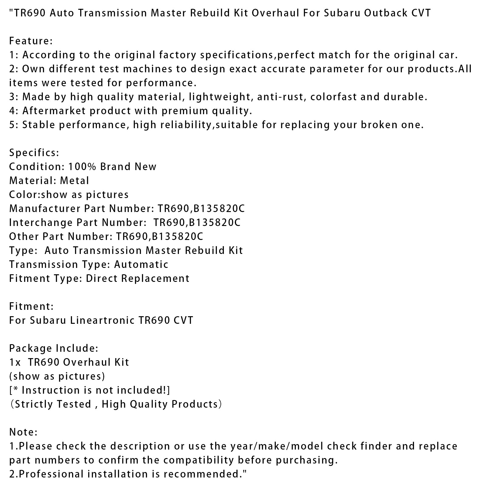TR690 Auto Transmission Master Rebuild Kit Översyn för Subaru Outback CVT