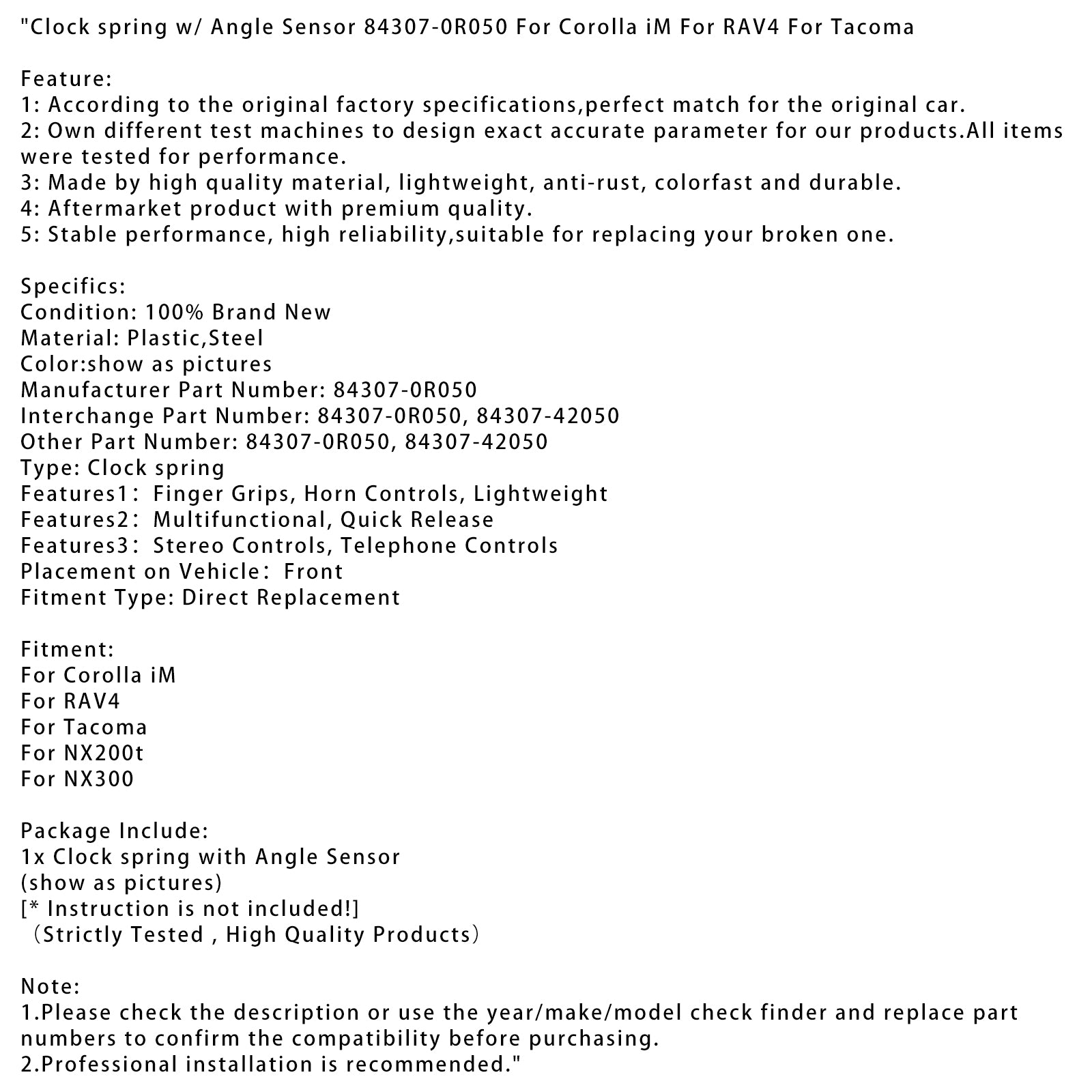 Klockfjäder w/ Angle Sensor 84307-0R050 för Corolla IM för RAV4 för Tacoma