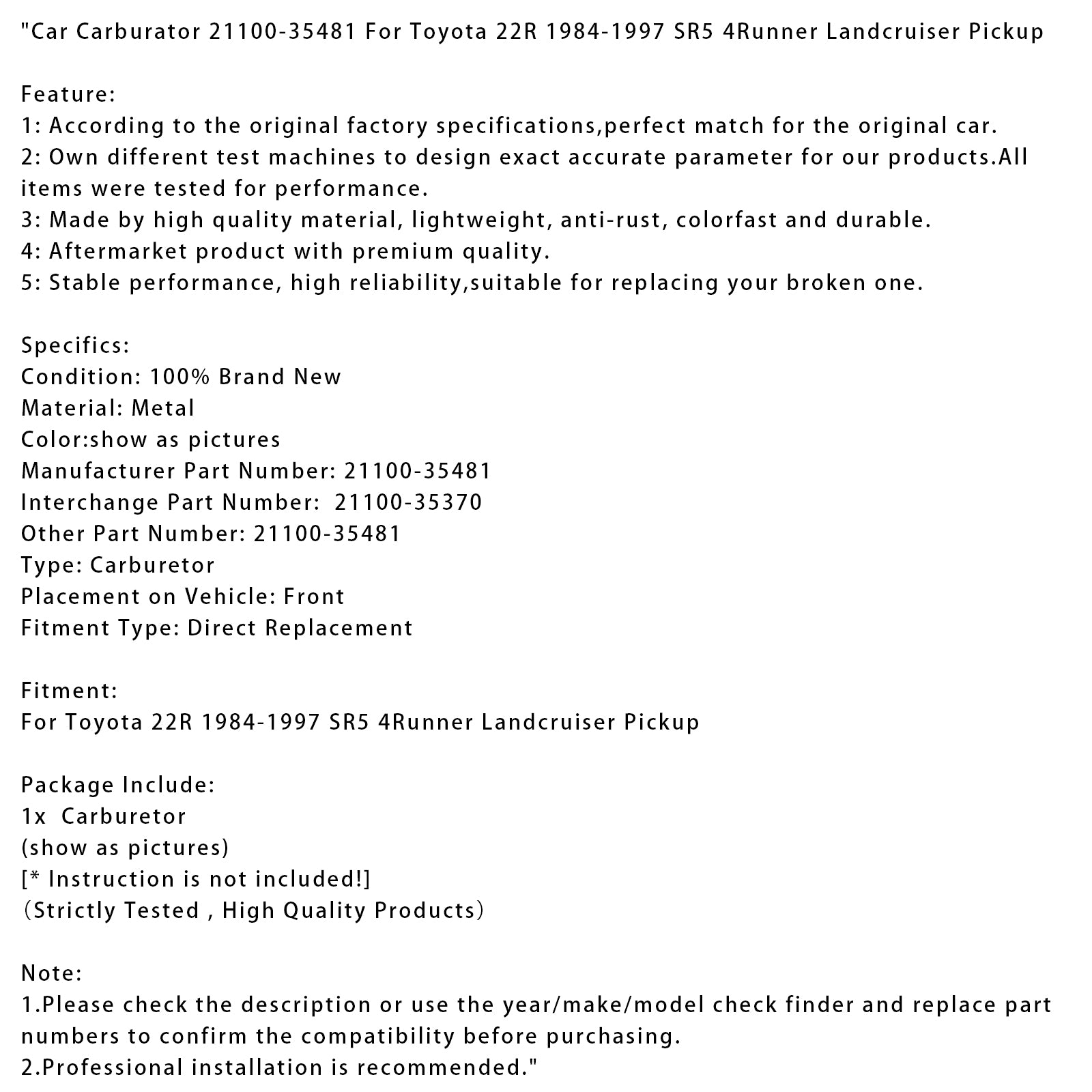 1984-1997 Toyota 22R SR5 4Runner Land cruiser bilförgasare 21100-35481