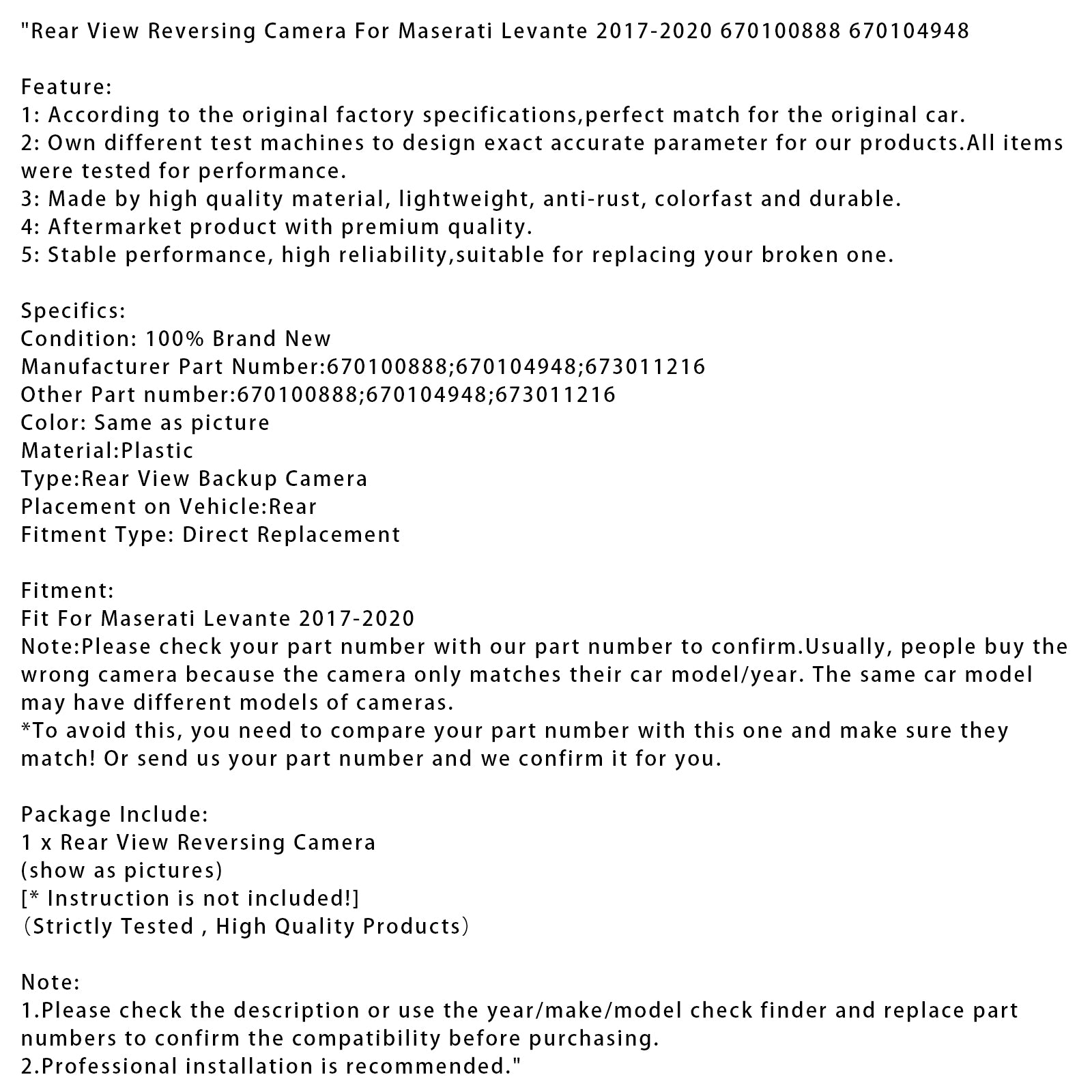 2017-2020 Maserati Levante Rear View Reversing Camera 670100888 670104948