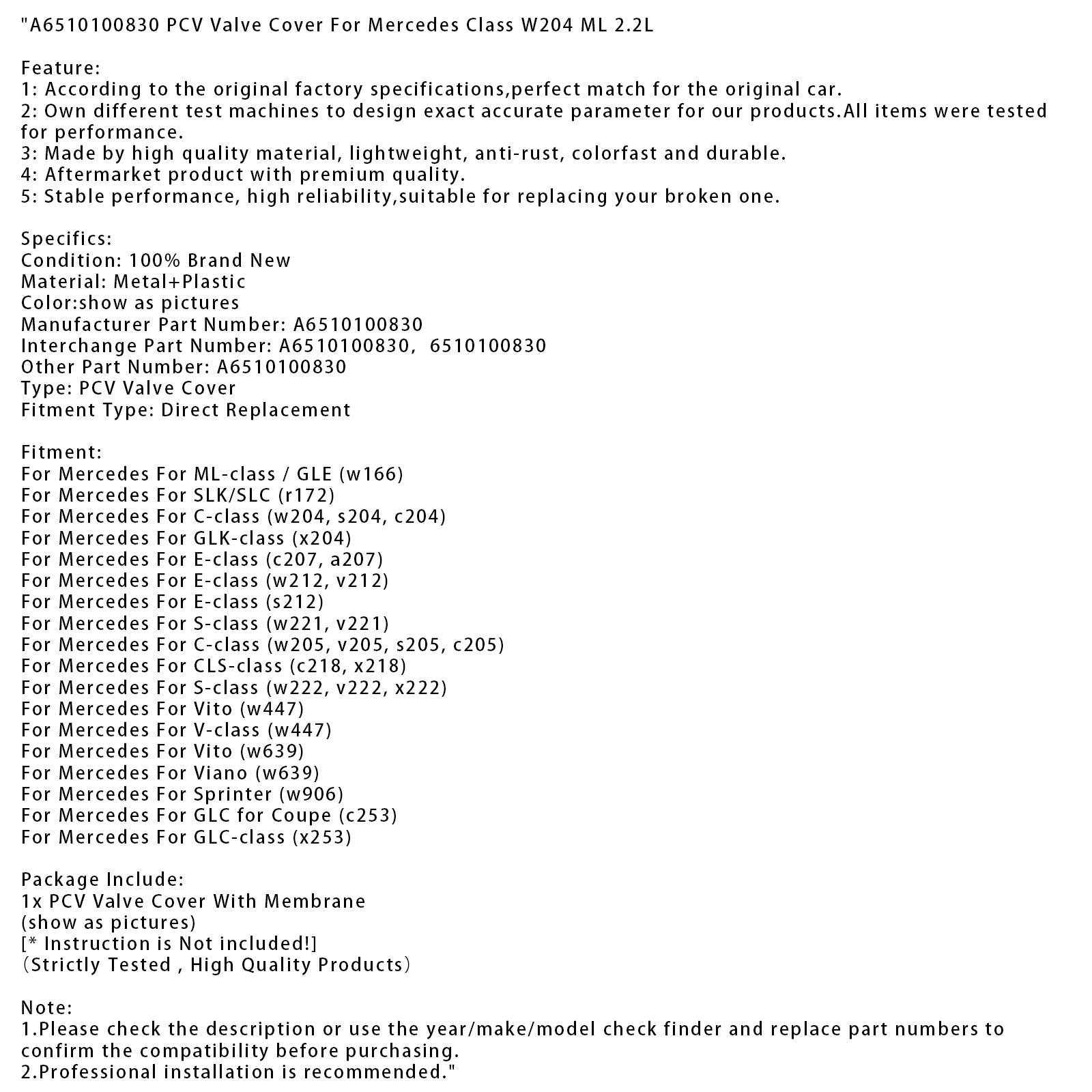 Couvercle de soupape PCV A6510100830 pour Mercedes Classe W204 ML 2,2 L