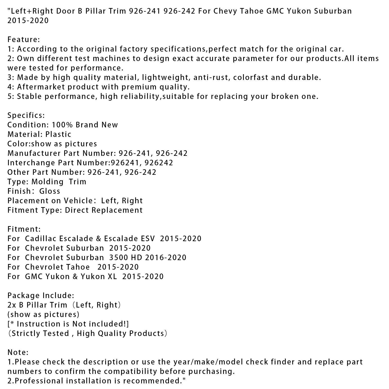 Left+Right Door B Pillar Trim For Chevy Tahoe GMC Yukon Suburban 2015-2020