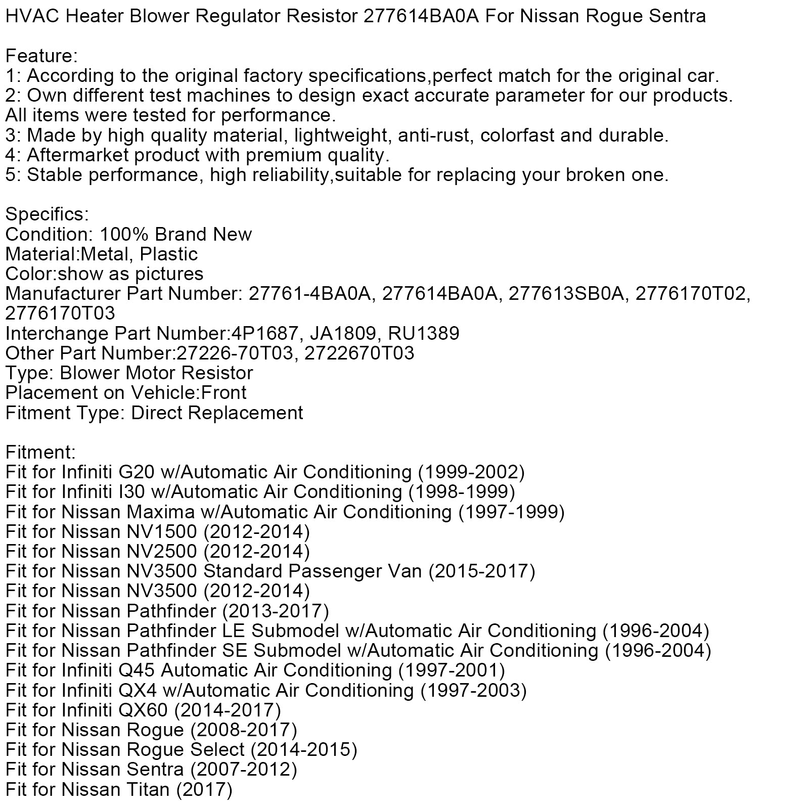 HVAC Heater Blower Regulator Resistor 277614BA0A For Nissan Rogue Sentra