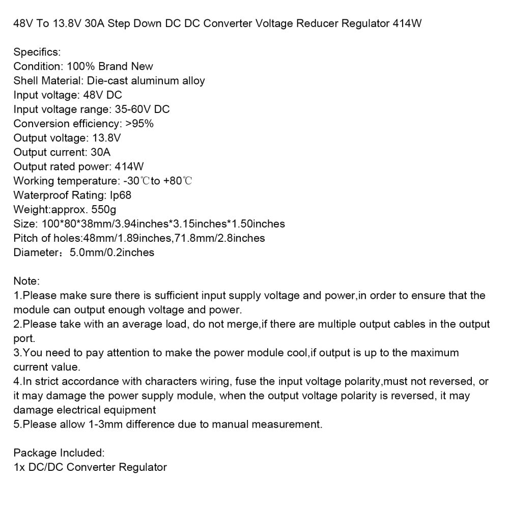 Areyourshop 48V 30A Step Down to 13.8V DC DC Converter Voltage Reducer Regulator 414W