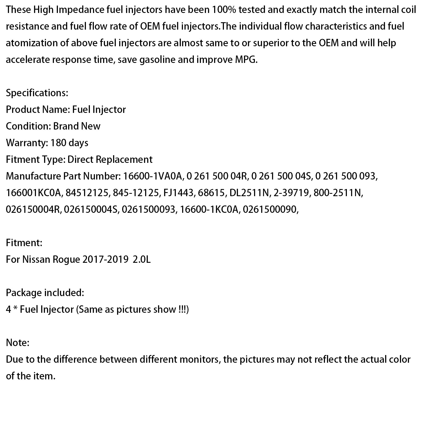 2017-2019 Nissan Rogue 2.0L 4PCS Fuel Injector 0261500090 16600-1VA0A