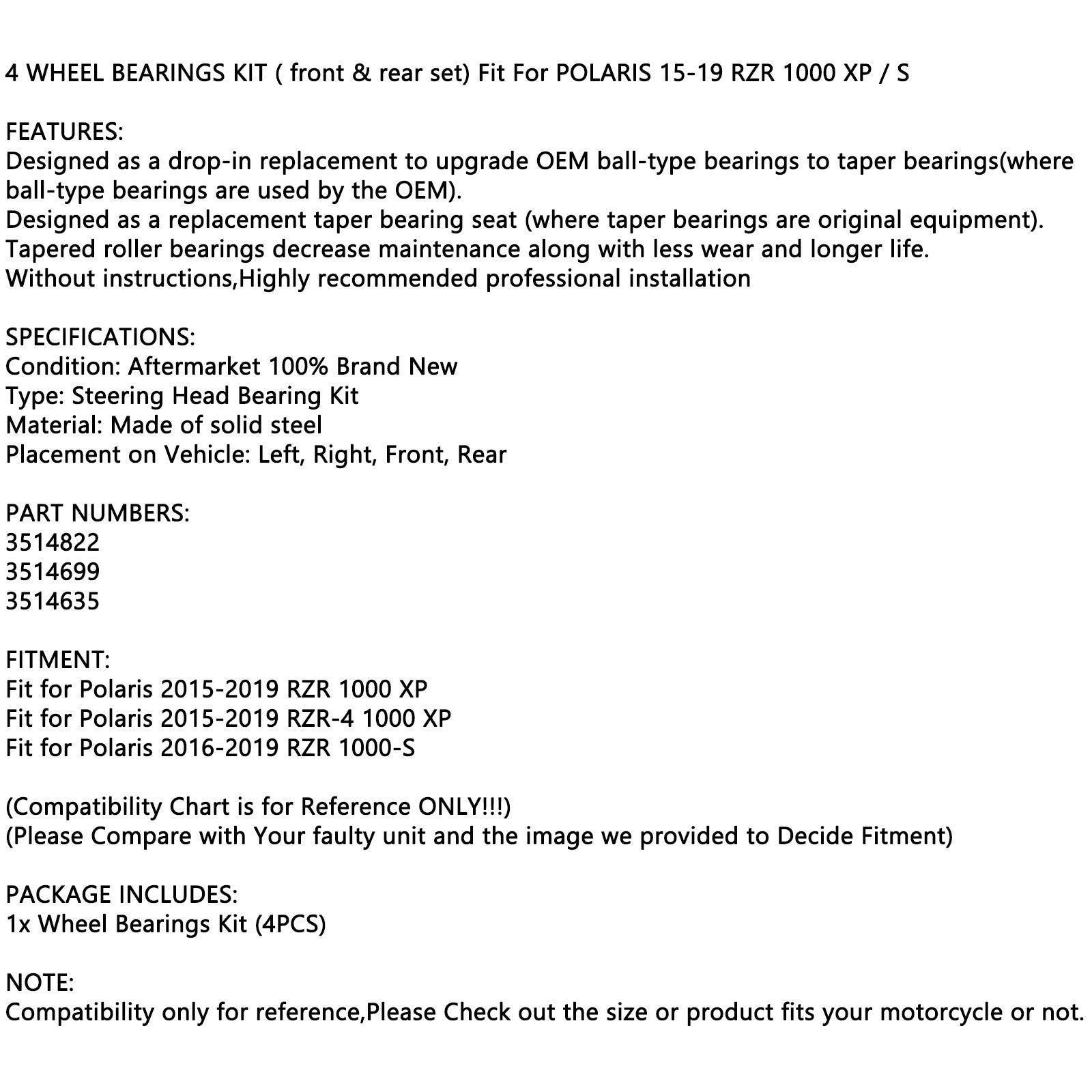 Polaris RZR 1000 XP 2015-2019 Predná časť & Ložiská zadných 4 kolies 514822 3514822 3514699