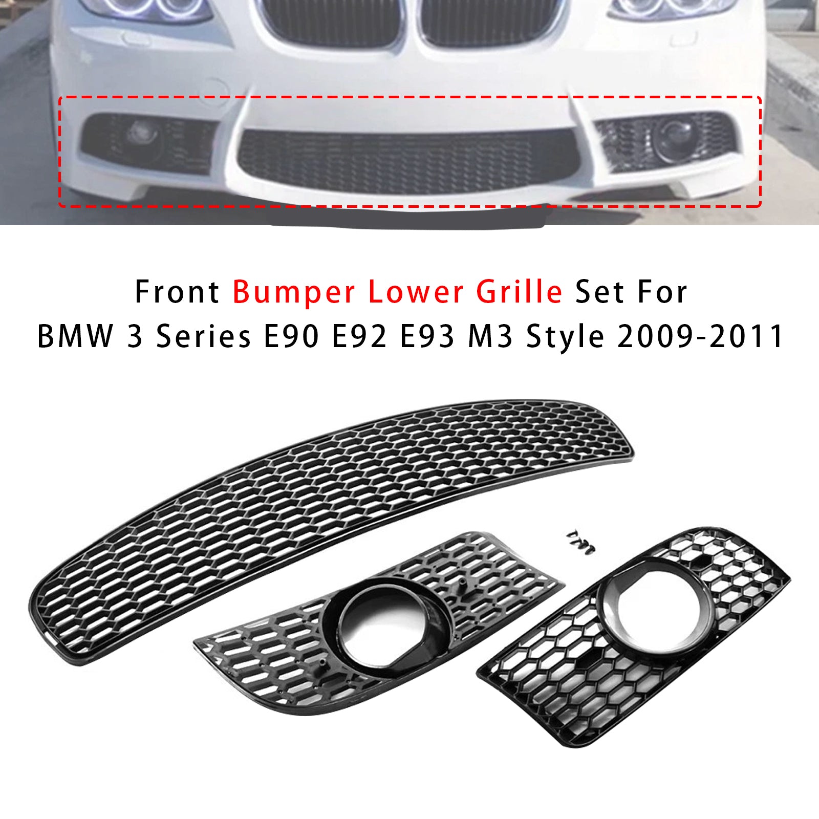 Front Bumper Lower Grille Set For BMW 3 Series E90 E92 E93 M3 Style 2009-2011