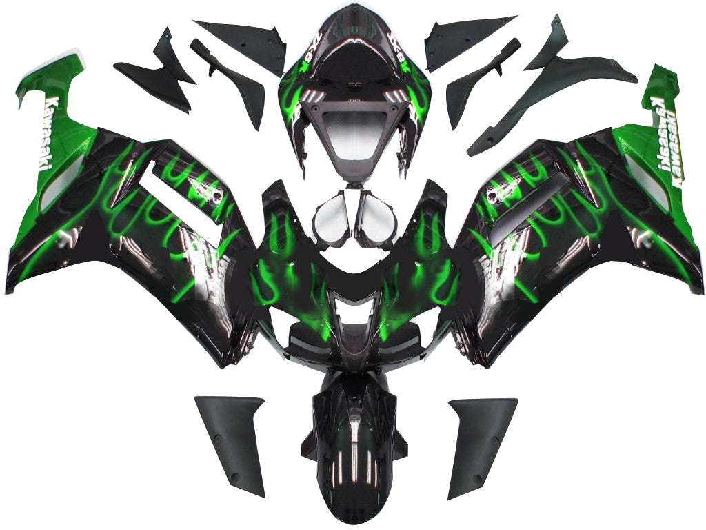 2007-2008 Kawasaki ZX6R ZX636 Fairings Black & Green Flame Ninja Racing Generic