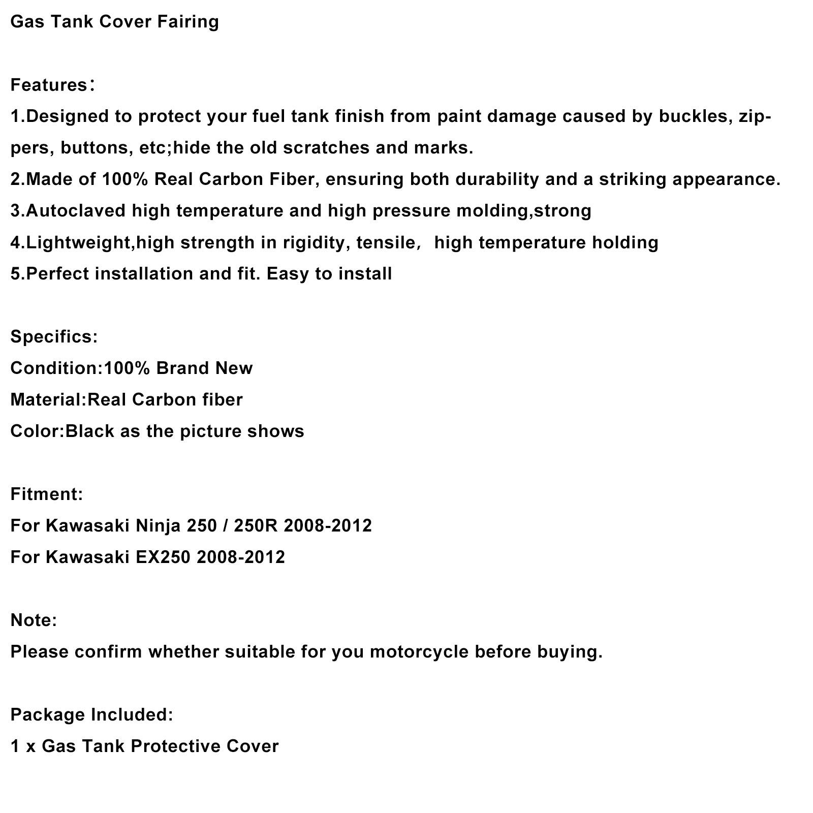 2008-2012 Kawasaki Ninja 250 EX250 Real Carbon Fiber Tank Cover Fairing