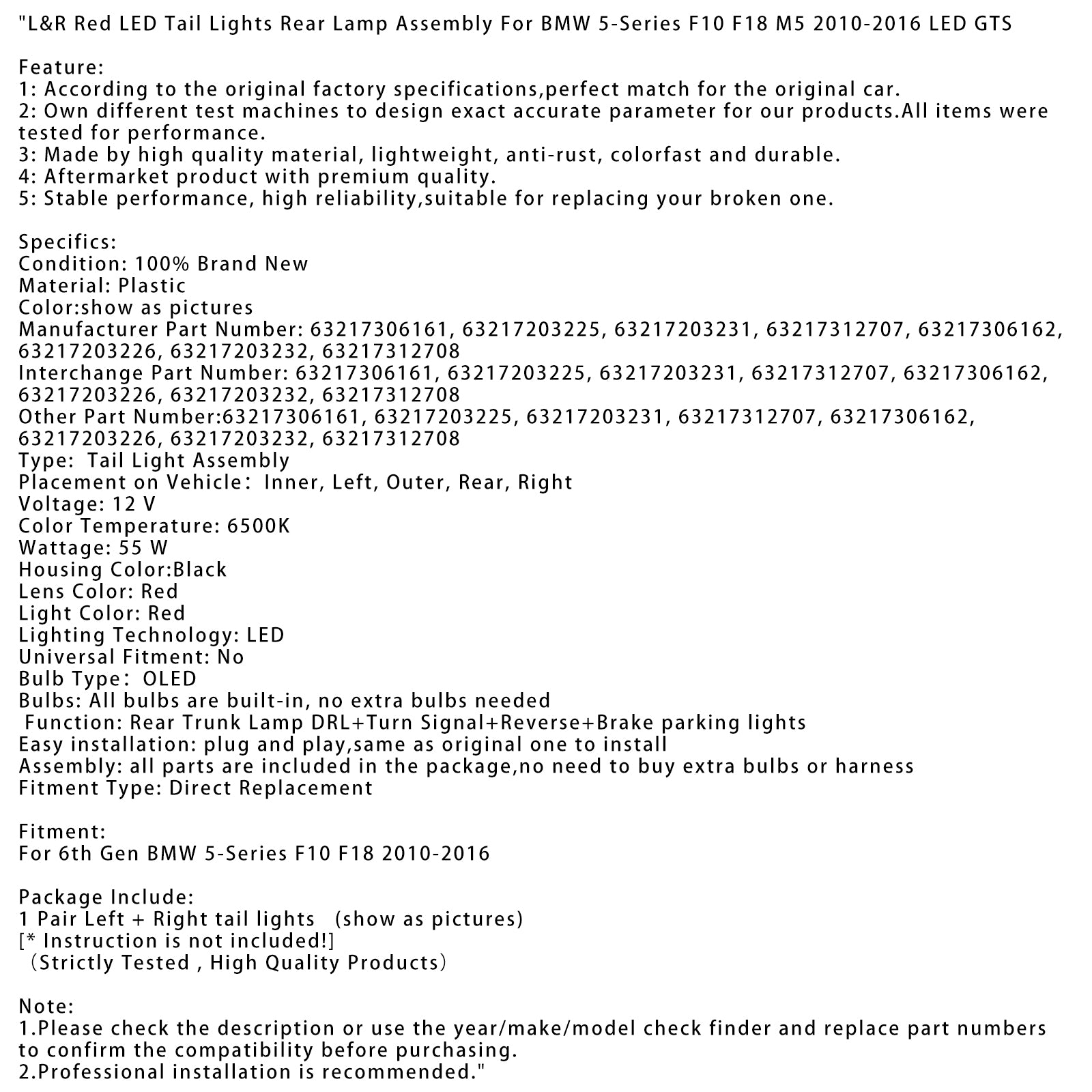 2010-2016 6:e generationen 5-serien F10 F18 M5 L&R Röda LED-bakljus Bakljusenhet