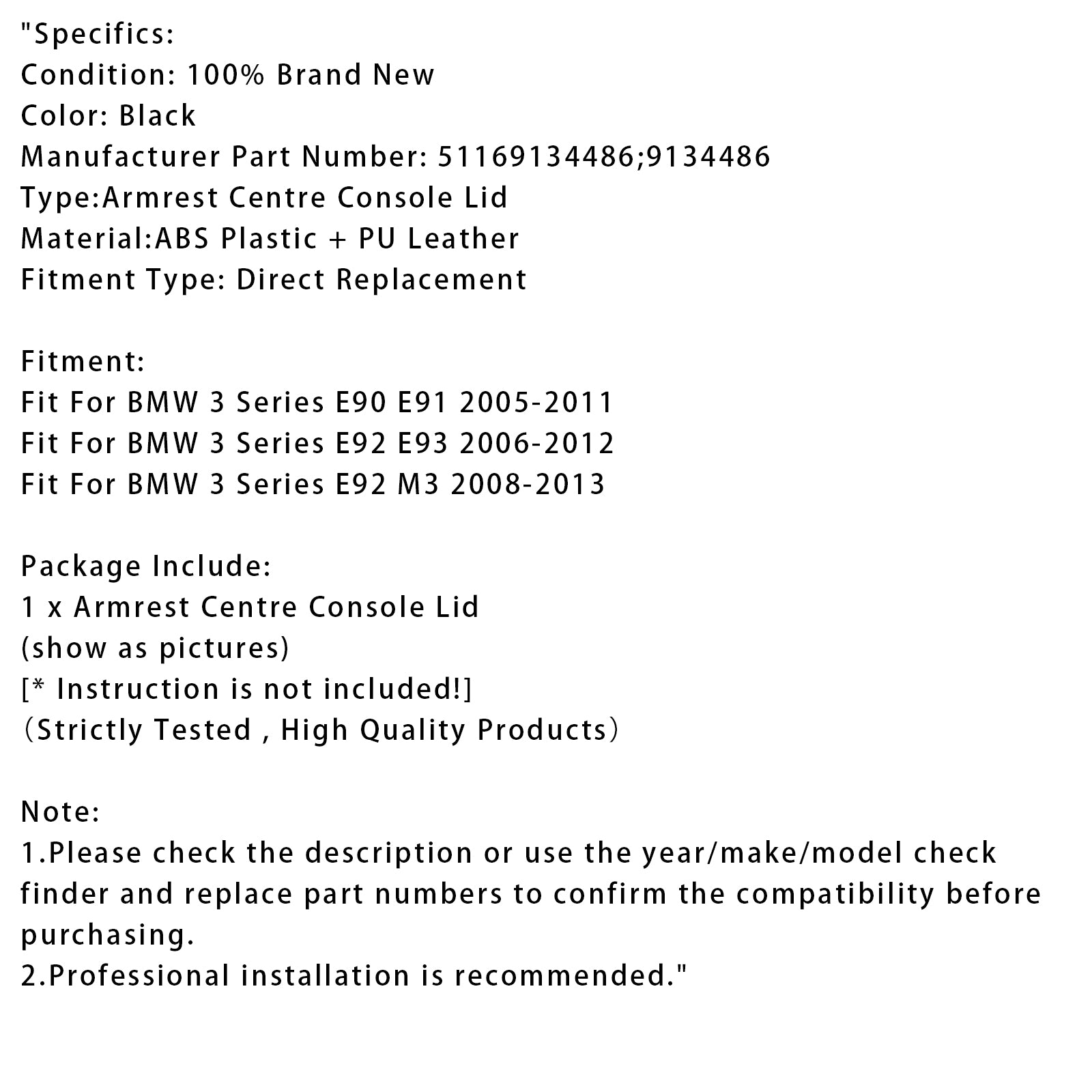 Black Leather Armrest Centre Console Lid For BMW E90 E91 E92 E93 51169134486