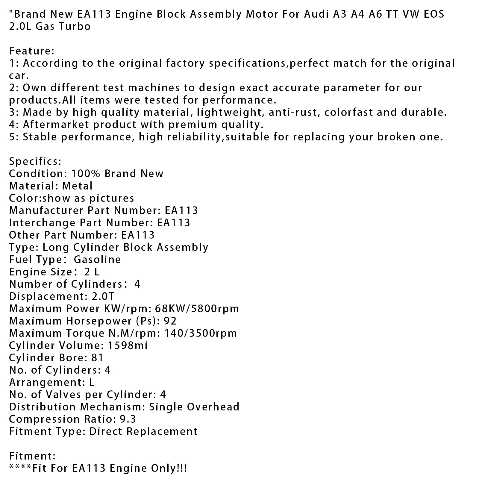 New EA113 Engine Block Assembly Motor For Audi A3 A4 A6 TT VW EOS 2.0L Gas Turbo
