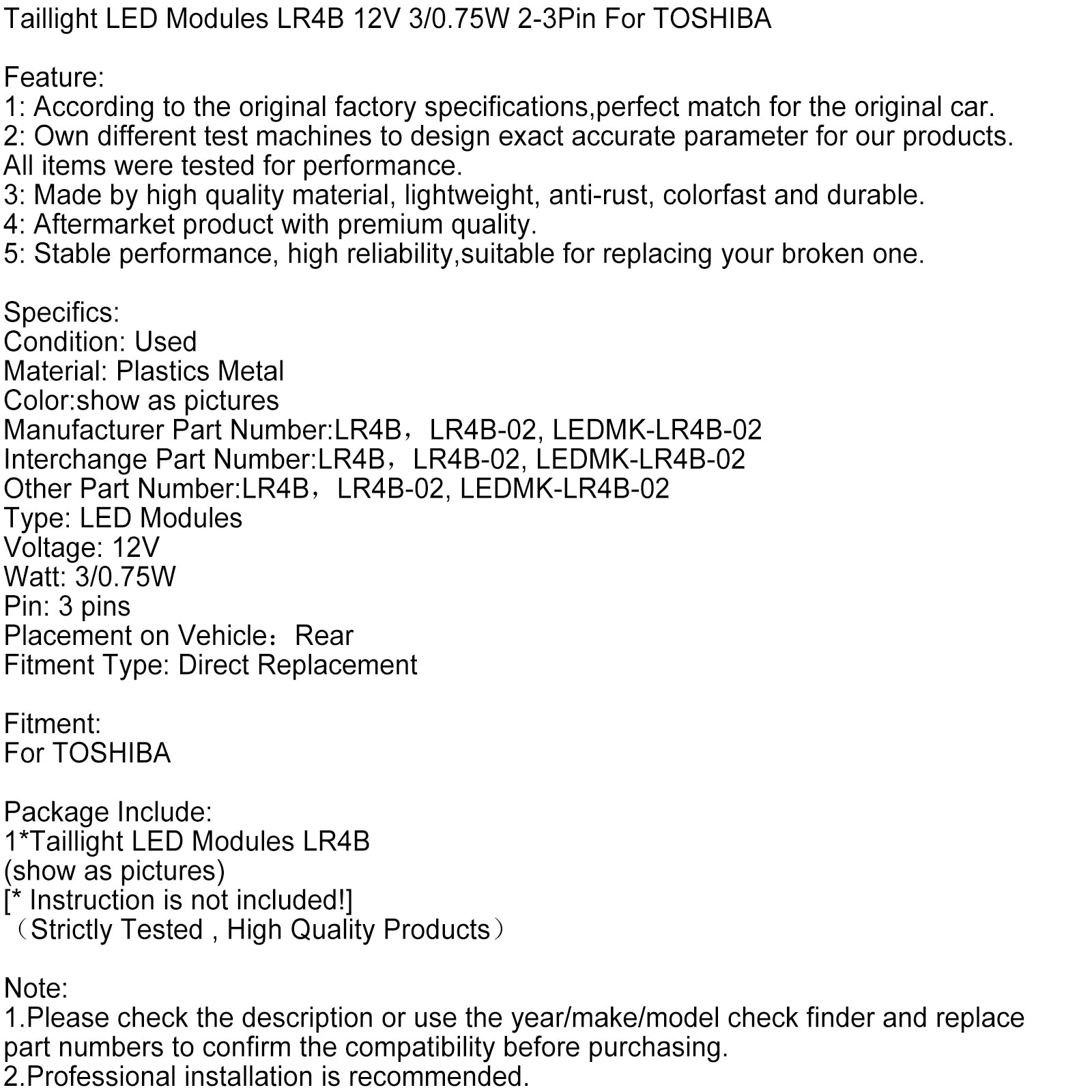 Baklys LED-moduler LR4B 12V 3/0.75W 2-3pin for Toshiba
