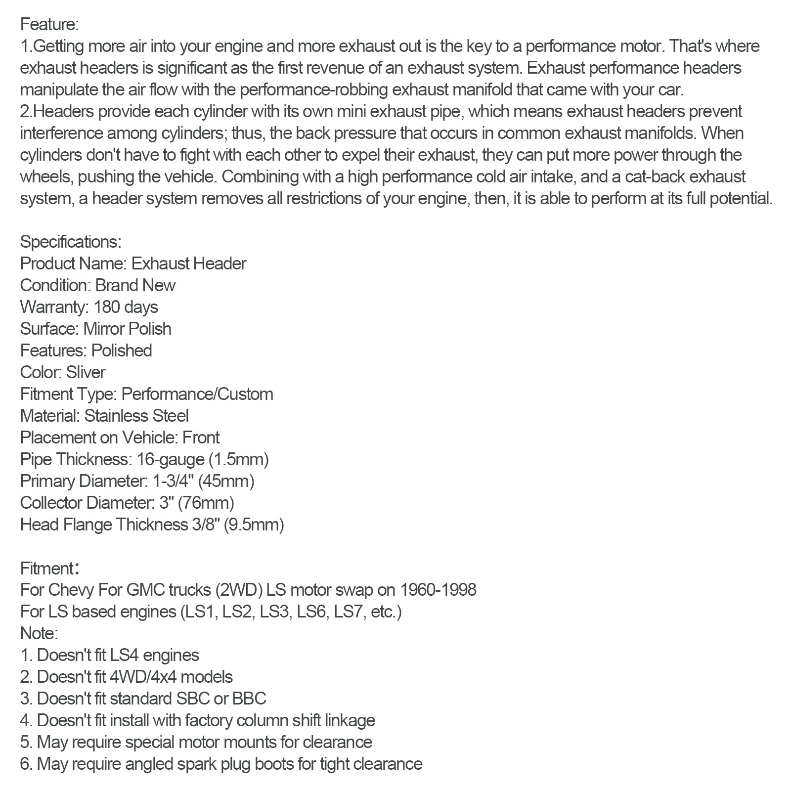 LS Swap Tube Headers 1-3/4" Geschikt voor Chevy Pontiac Buick LS1 LS2 LS3 LS6 LS7