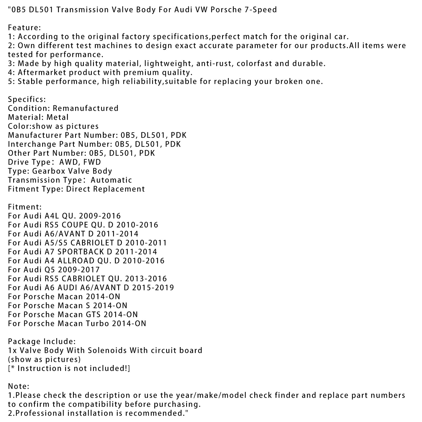 2014-ON Porsche Macan 0B5 DL501 Transmission Valve Body