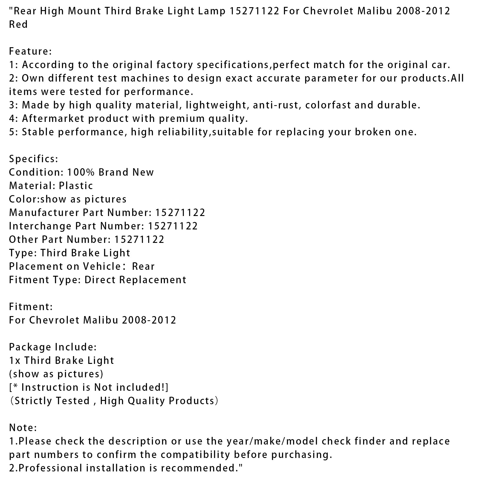 Rear High Mount Third Brake Light Lamp For Chevrolet Malibu 2008-2012 Red