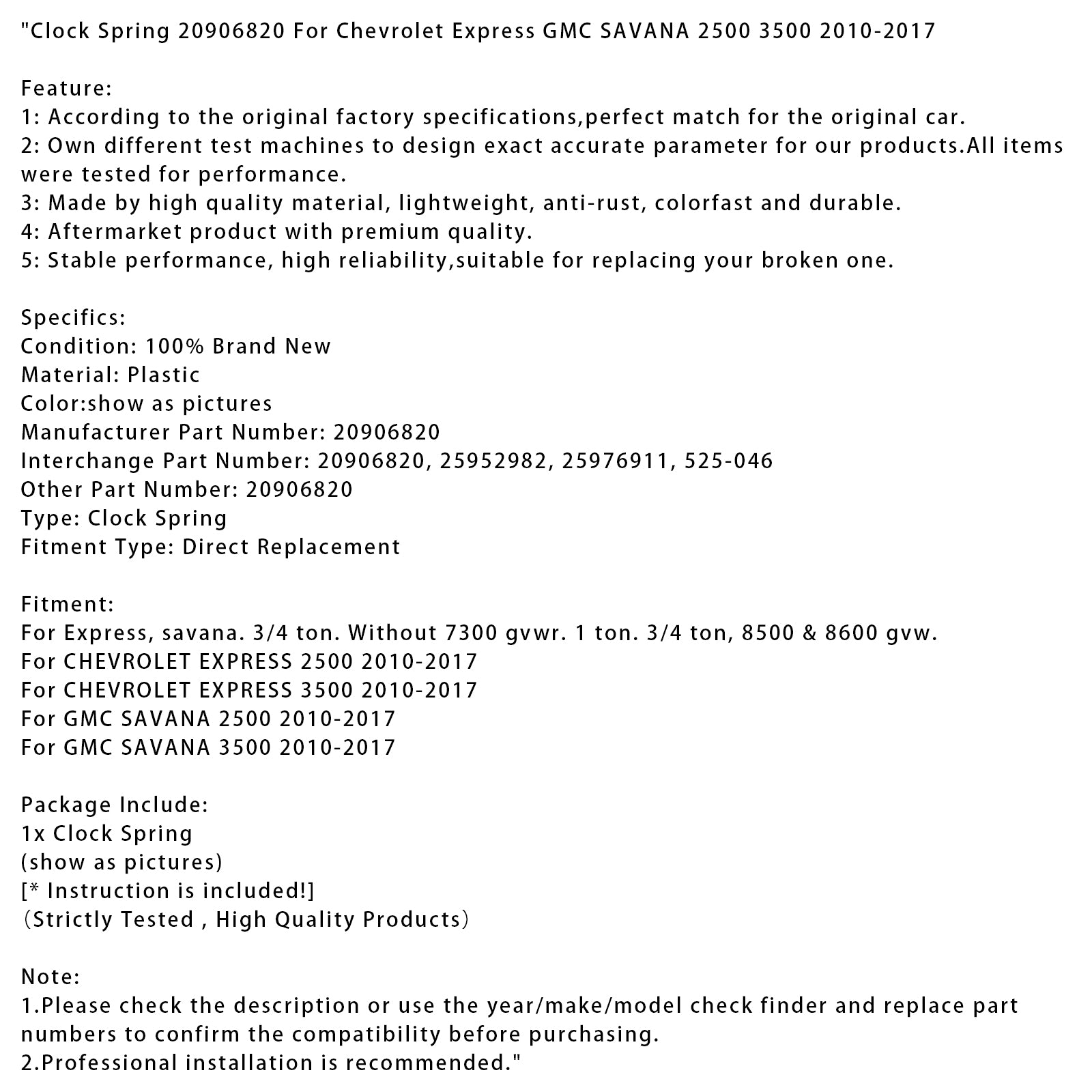 2010-2017 Chevrolet Express GMC Savana 2500 3500 Spring Relógio 20906820