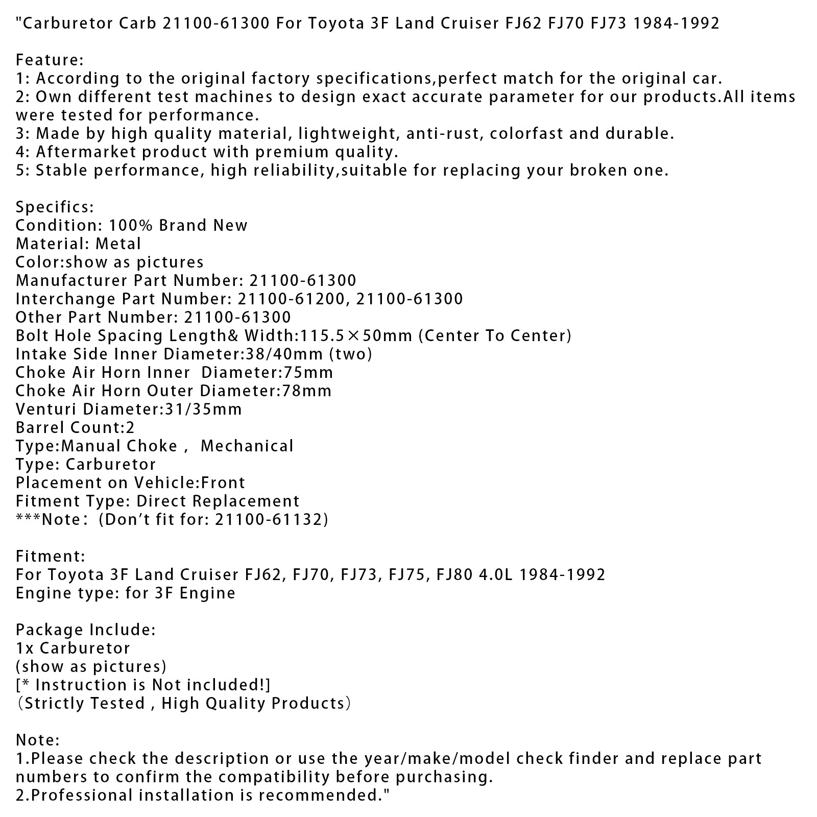 1984-1992 Toyota 3F Landcruiser FJ62 FJ70 FJ73 Carburateur Carburateur 21100-61300