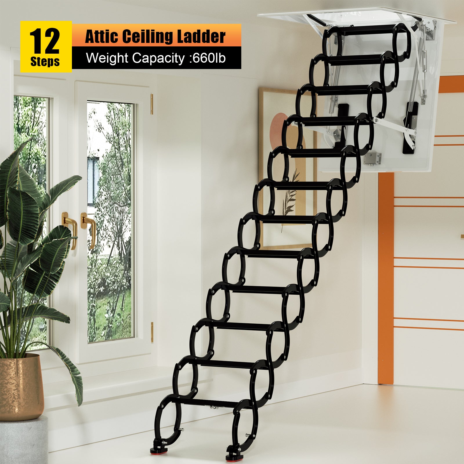 12 Steps Black Loft Wall Folding Pulldown Attic Ceiling Ladder Stairs 39.4*27.6"
