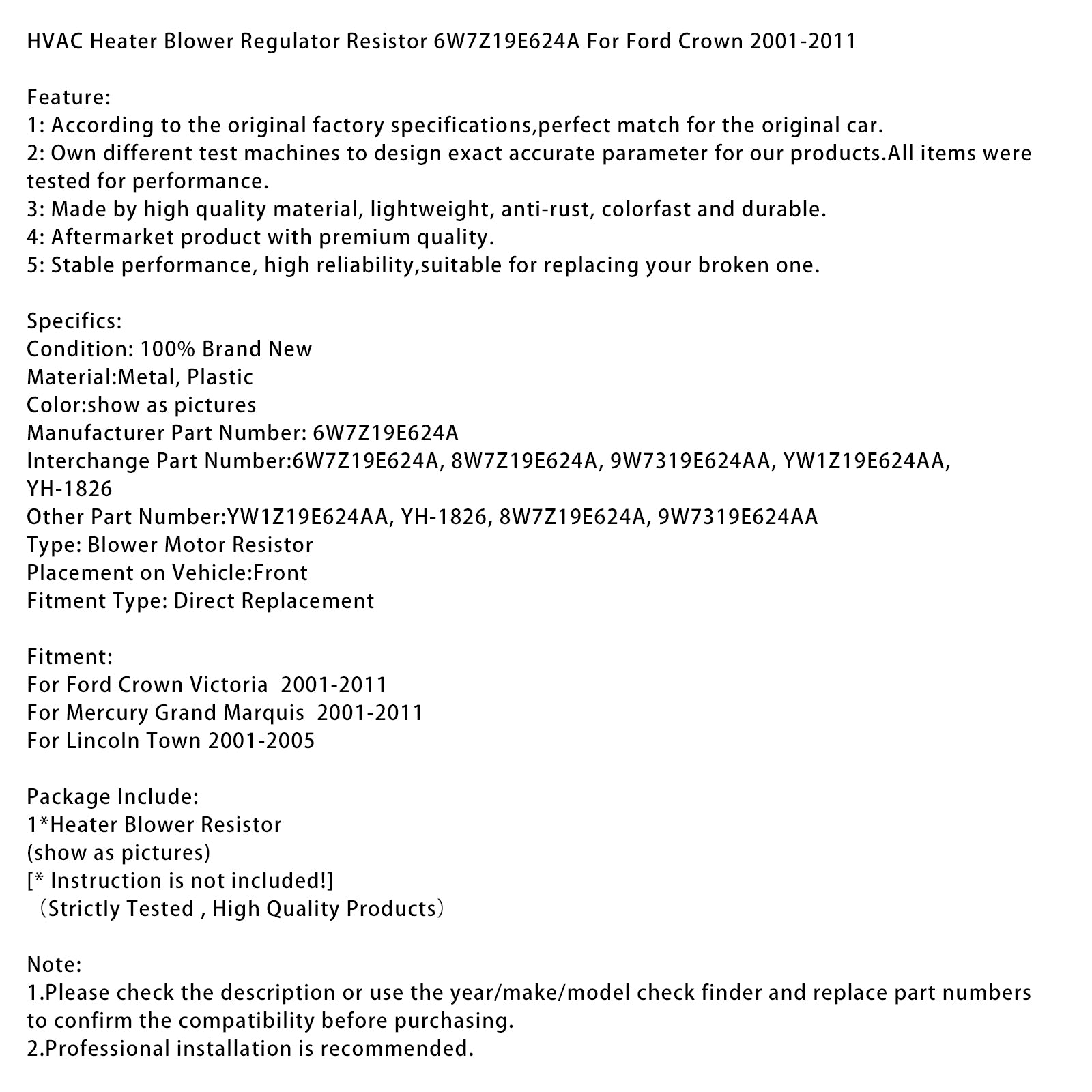 HVAC-verwarmingsventilatorregelaarweerstand 6W7Z19E624A voor Ford Crown 2001-2011