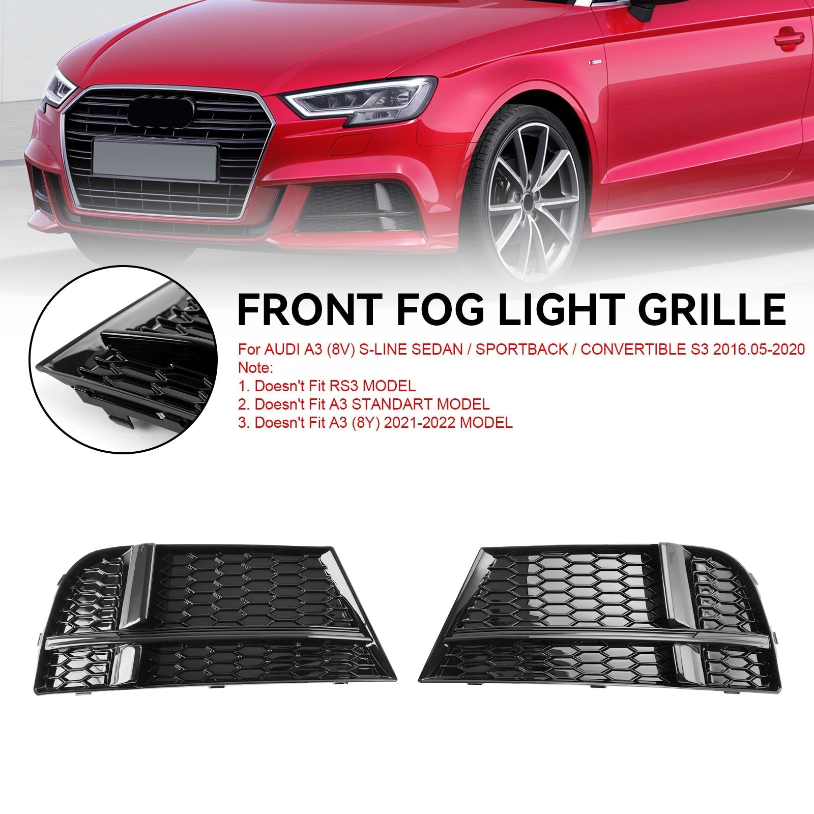 2016.05-2020 AUDI A3 8V S-Line Sedan S3 Couvercle de lumière anti-brouillard avant Correau grille 8V3807682 8V3807681
