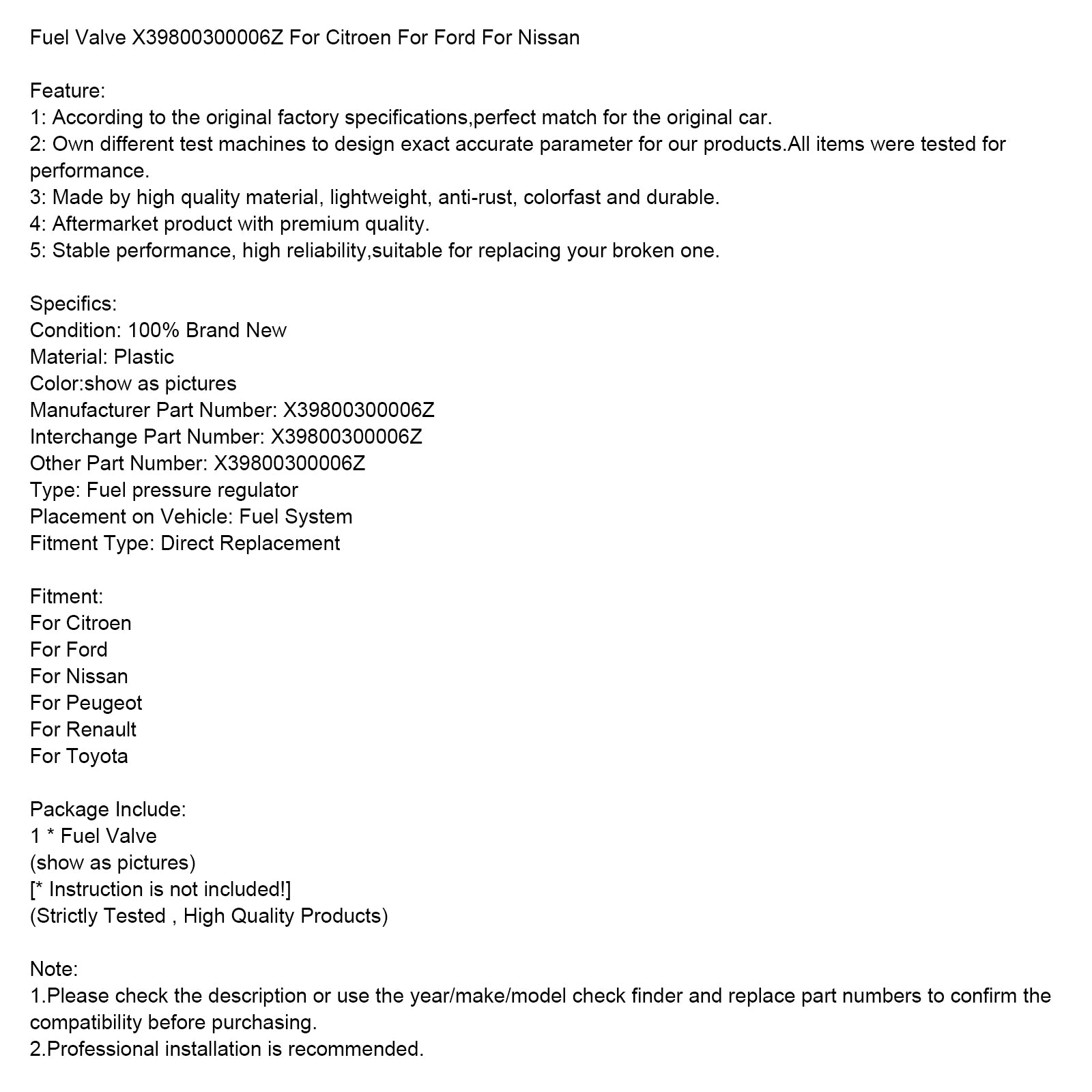 Válvula de combustible X39800300006Z para Citroen, Ford, Nissan