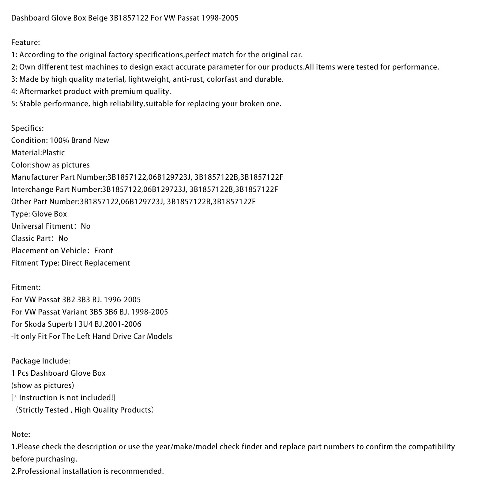Dashboard Glove Box Beige 3B1857122 For VW Passat 1998-2005