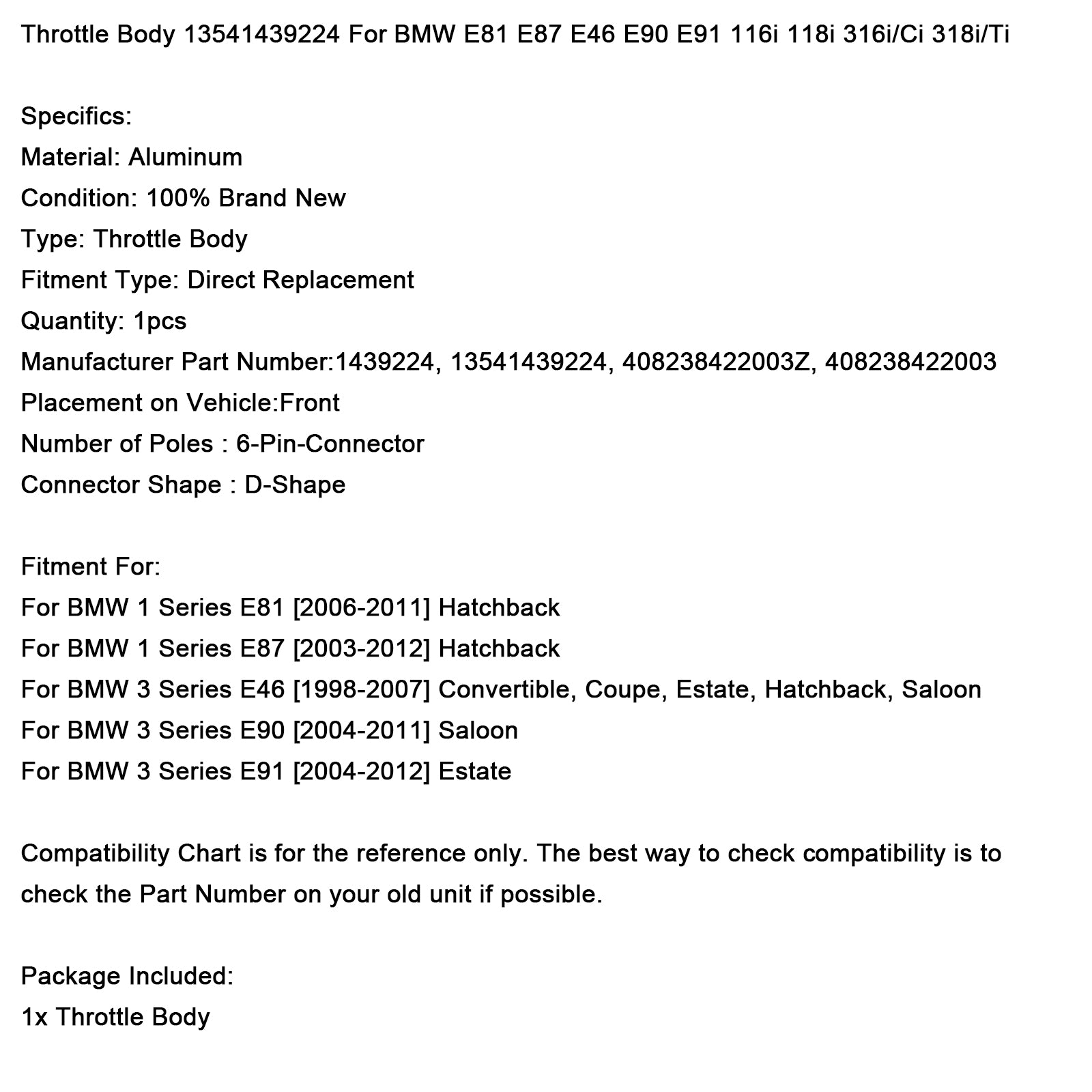 2006-2011 BMW 1 Serie E81 Hatchback Gasklephuis 13541439224 408238422003Z