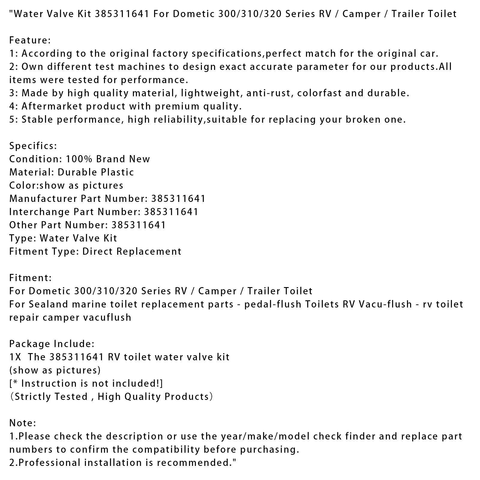 Kit de válvula de agua para inodoro Dometic serie 300/310/320 RV/Camper/remolque